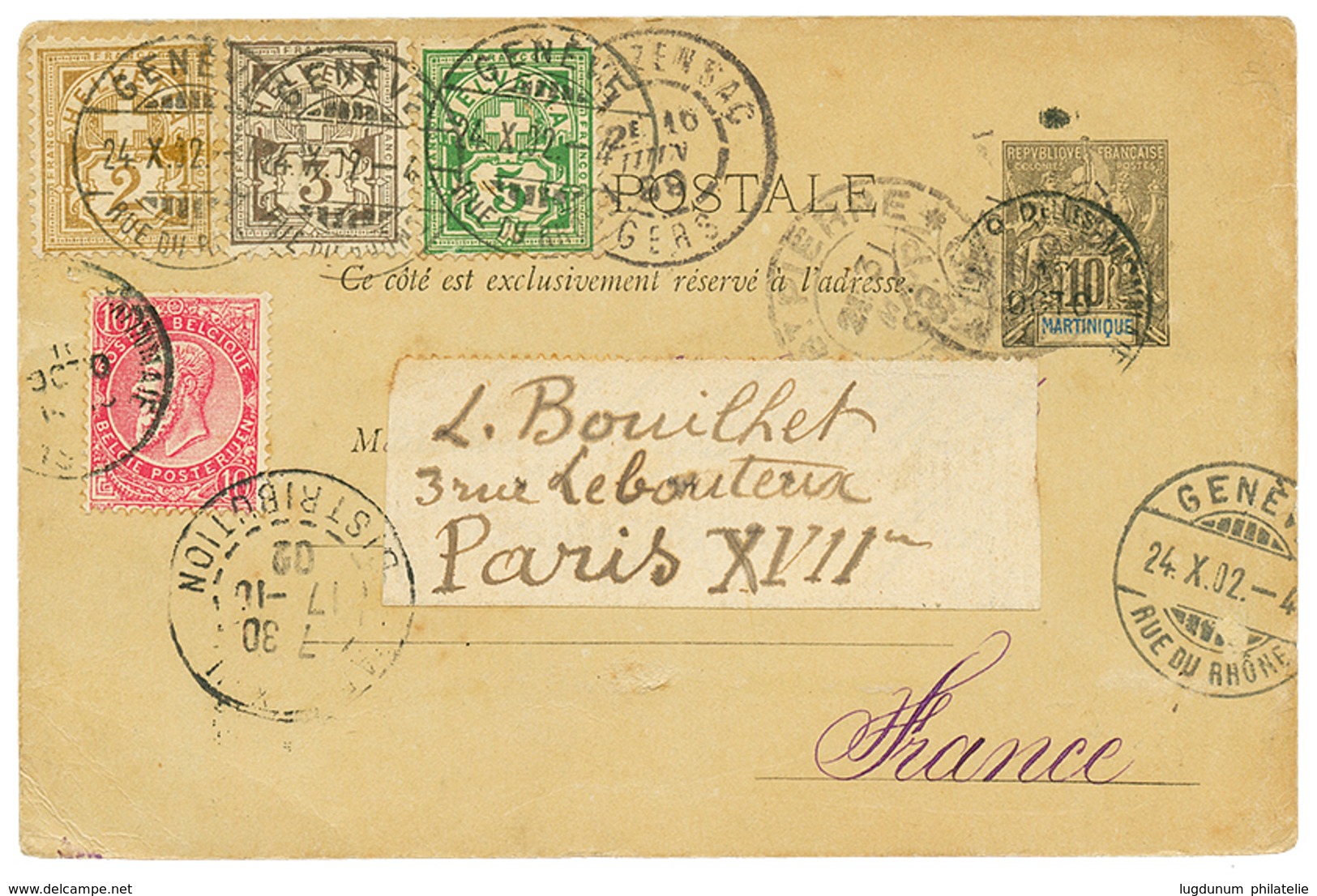 835 1902 MARTINIQUE Entier 10c Obl. ST PIERRE Réexpédié Avec BELQUIQUE 10c Puis SUISSE 2c+ 3c+ 5c Obl. GENEVE. RARE. TTB - Sonstige & Ohne Zuordnung