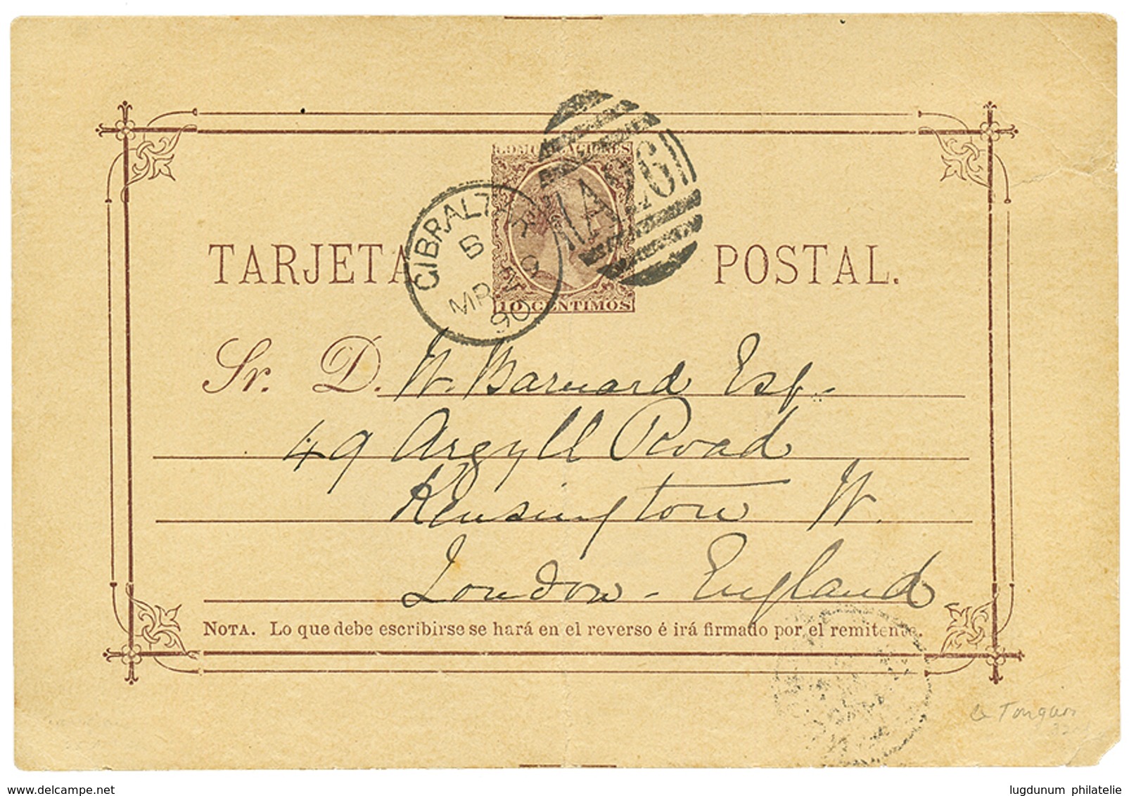 839 "TANGER" : 1890 Entier Postal (pli Central) ESPAGNE 10c Daté "TANGIERS" Obl. Killer A26 + GIBRALTAR Pour L' ANGLETER - Sonstige & Ohne Zuordnung