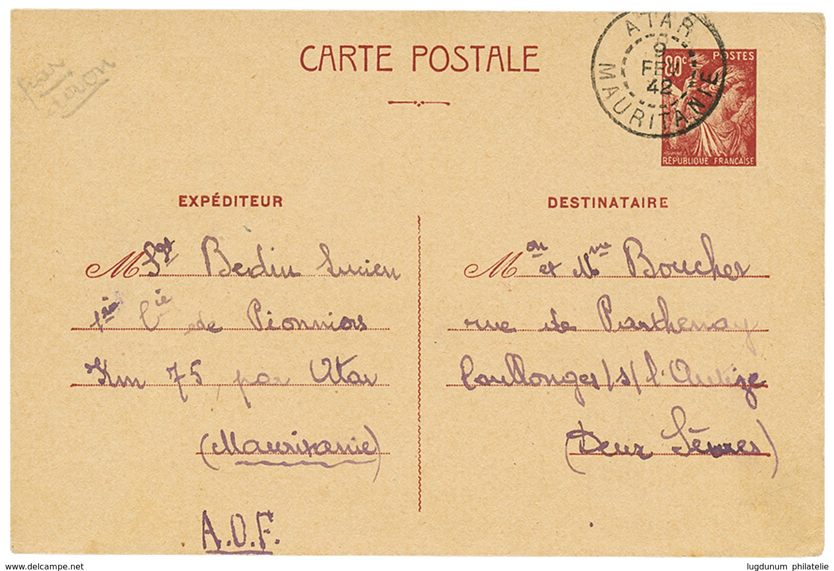 849 1942 Carte Inter Zone 80c IRIS Daté "Km 75" Obl. ATAR MAURITANIE Pour La FRANCE. RARE. Superbe. - Sonstige & Ohne Zuordnung