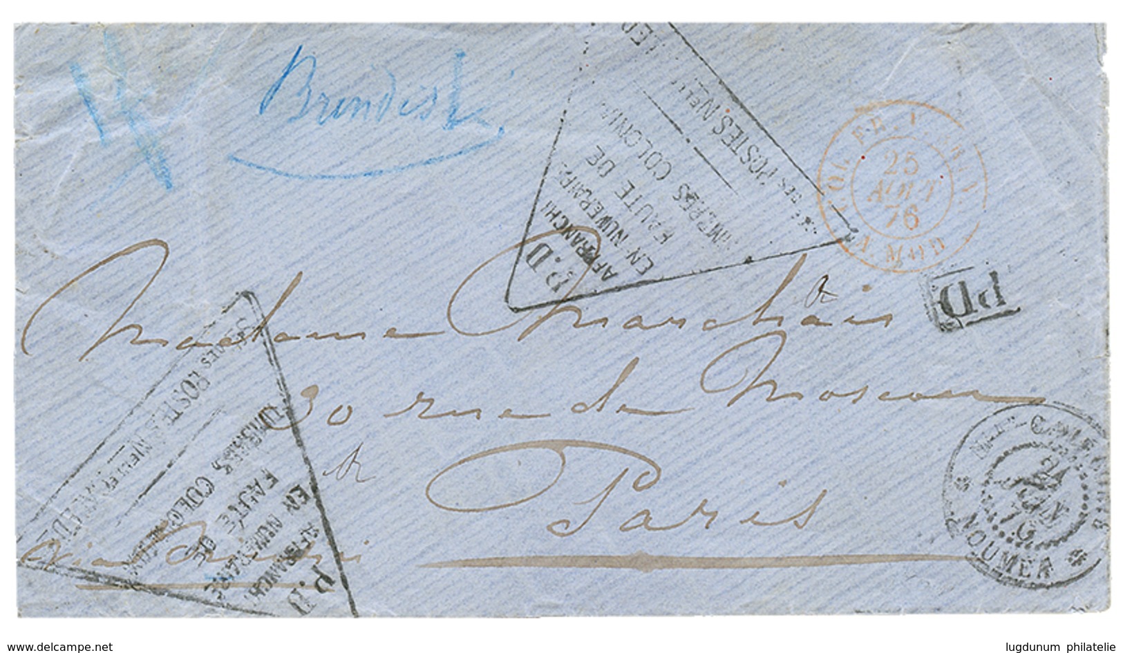 854 1876 Cachet Triangulaire P.D/AFFRANCHI EN NUMERAIRE FAUTE DE TIMBRES COLONIAUX + "1F" Manuscrit Sur Env. De NOUMEA V - Autres & Non Classés