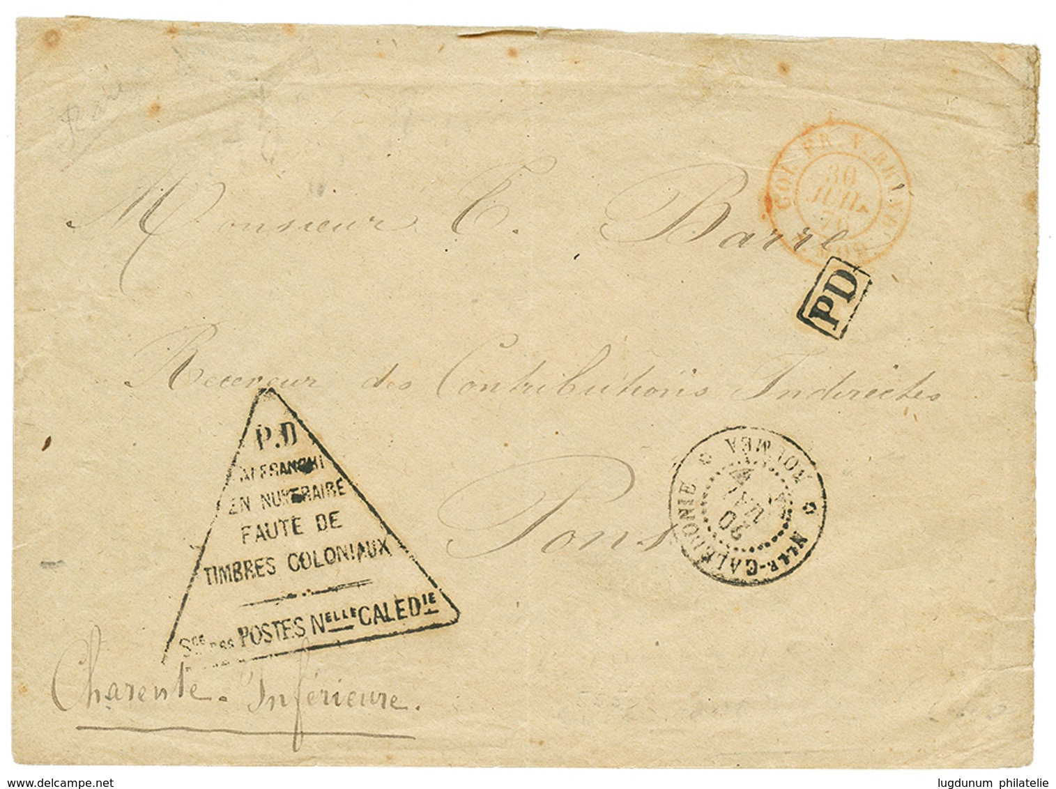 855 "PENURIE De TIMBRES" : 1876 Cachet Provisoire Triangulaire Sur Enveloppe Pour La FRANCE. Rare. TB. - Other & Unclassified