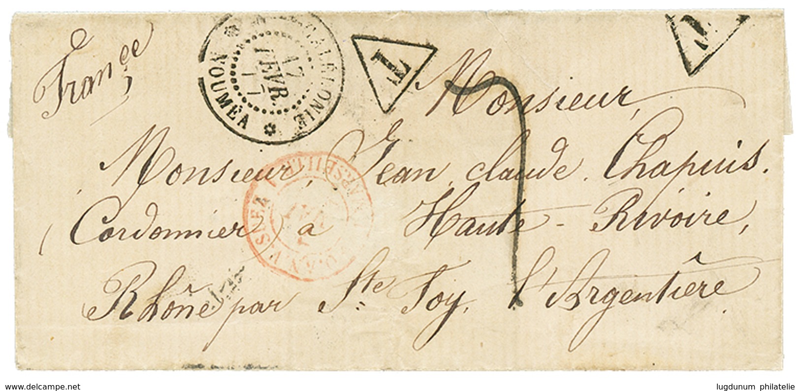 856 "Fevrier 1877 - PENURIE De Timbres" : 1877 NOUMEA + T + Taxe 7 Sur Lettre Pour La FRANCE. TTB. - Autres & Non Classés