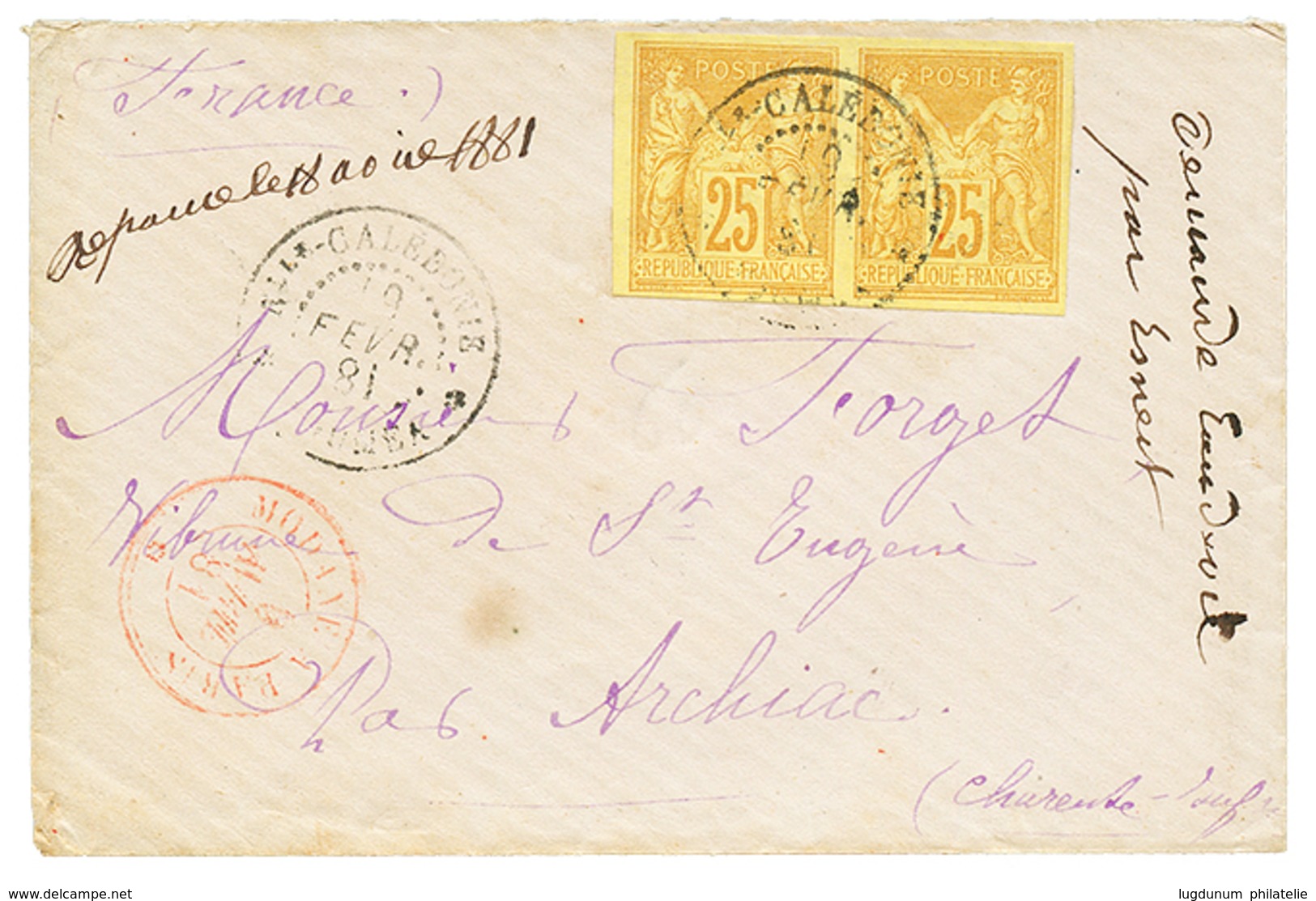 857 1881 Superbe Paire CG 25c SAGE Obl. NLLE CALEDONIE NOUMEA Sur Enveloppe Pour La FRANCE. TTB. - Andere & Zonder Classificatie