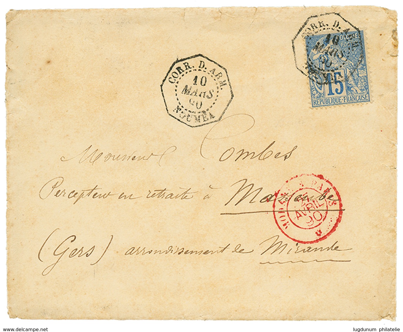 862 1890 COLONIES GENERALES 15c Obl. CORR. D' ARM. NOUMEA Sur Enveloppe Pour La FRANCE. Superbe Qualité. - Autres & Non Classés