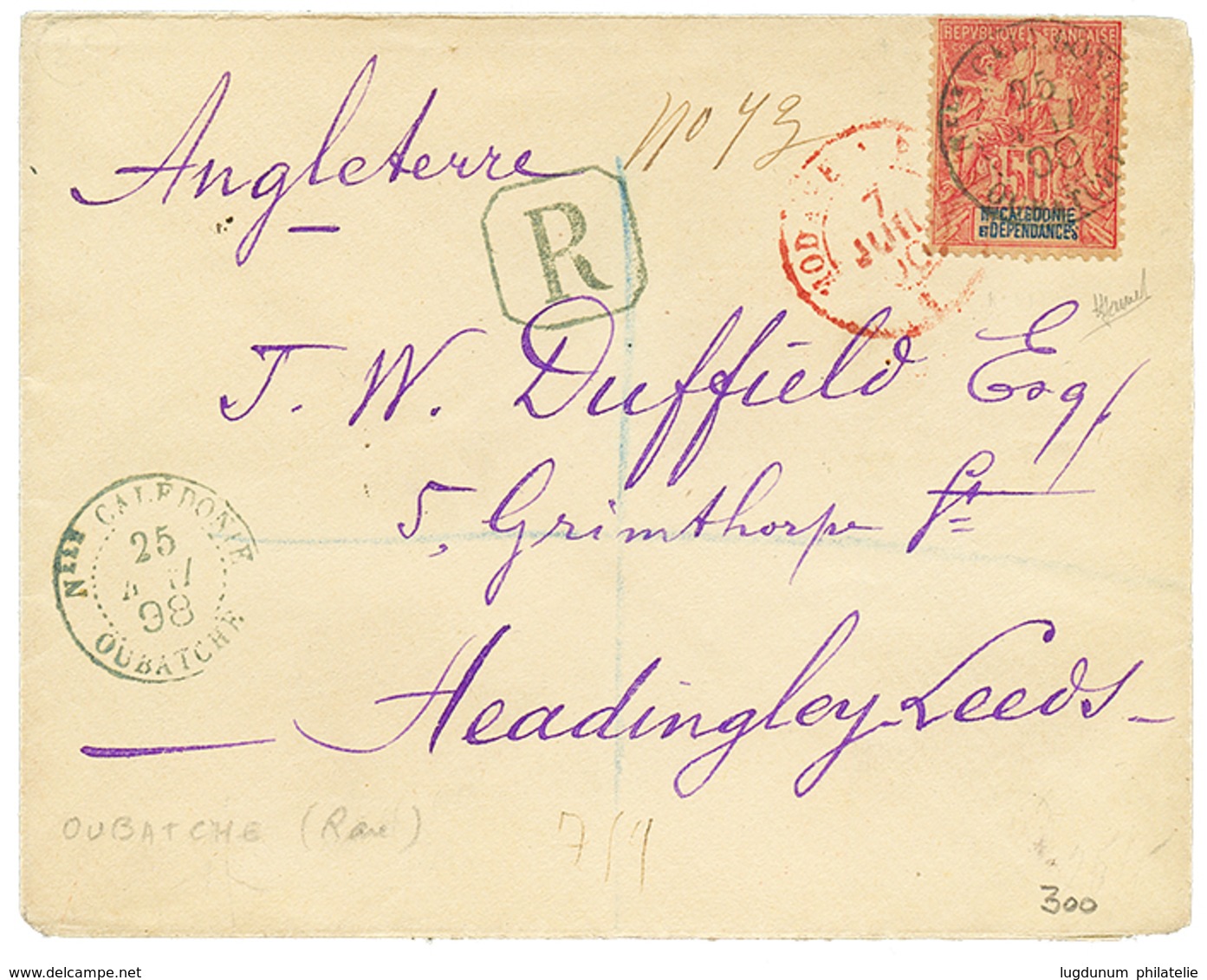 866 "OUBATCHE" : 1898 50c Obl. NLLE CALEDONIE OUBATCHE Sur Env. RECOM. Pour L' ANGLETERRE. RARE. TTB. - Other & Unclassified