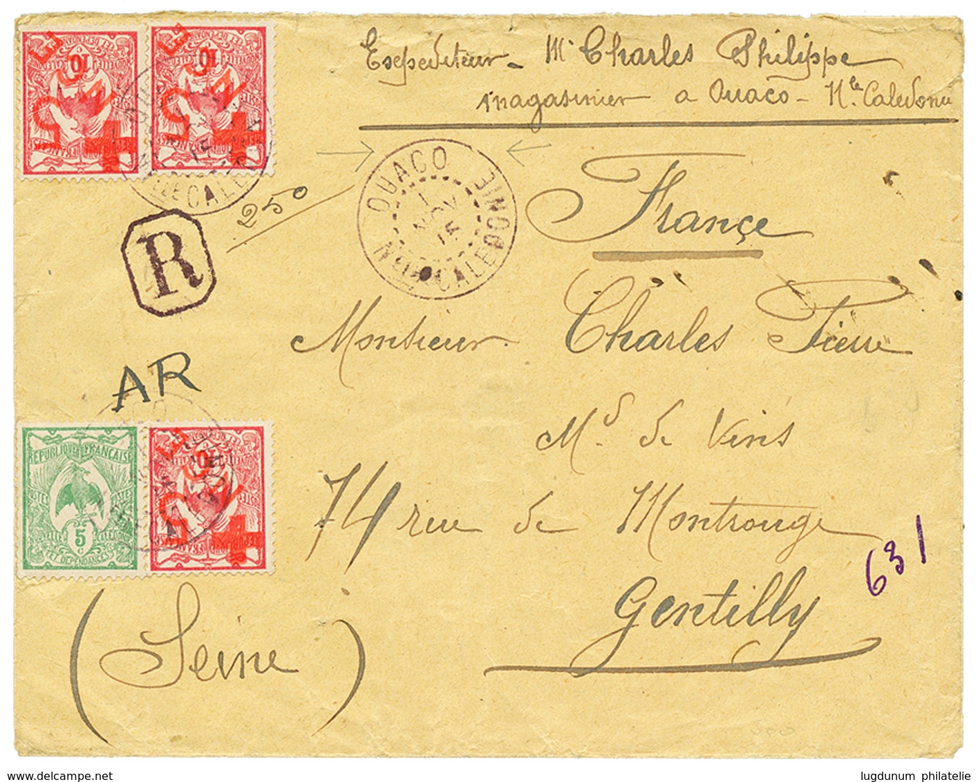 869 " RED CROSS - OUACO" : 1915 CROIX-ROUGE 5c(x3) + 5c Obl. OUACO NLLE CALEDONIE Sur Env. RECOM. + A.R Pour La FRANCE.  - Sonstige & Ohne Zuordnung