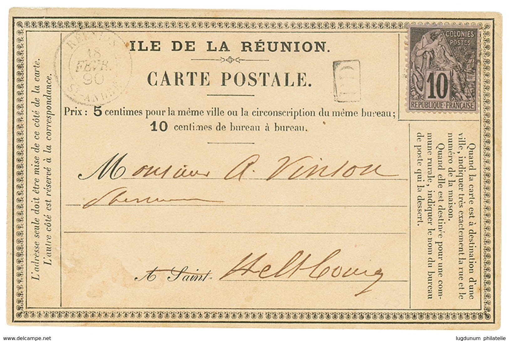 879 1890 COLONIES GENERALES 10c Obl. Losange De Points + REUNION ST ANDRE Sur CARTE PRECURSEUR. Pd. TB. - Autres & Non Classés