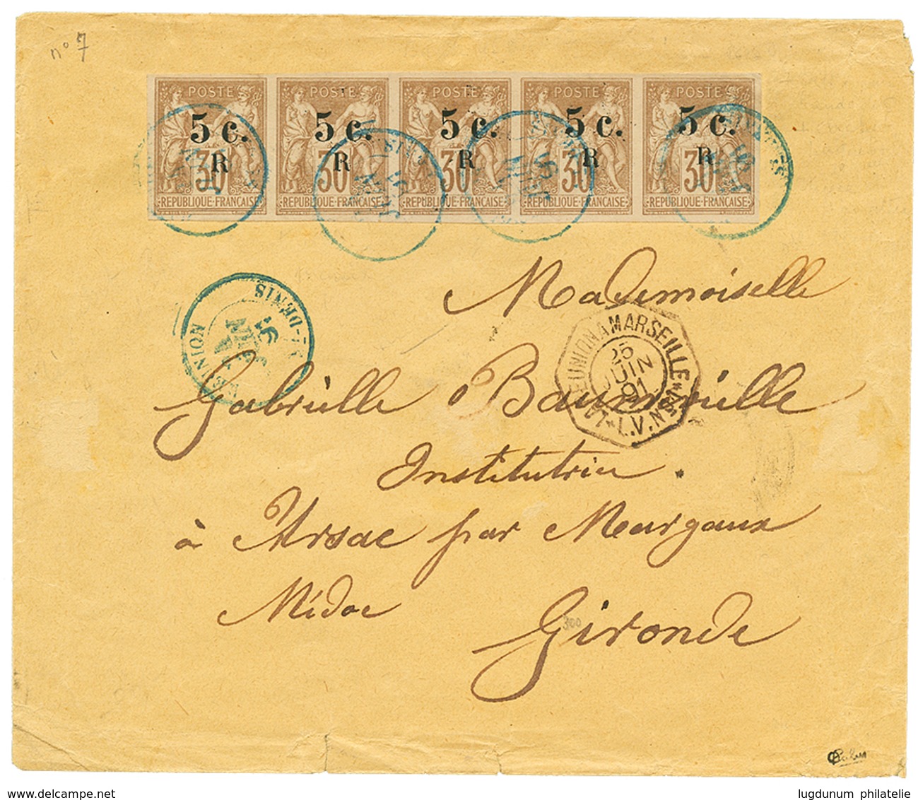 881 1891 Superbe Bande De 5 Du 5c S/ 30c(n°7) Obl. REUNION ST DENIS Pour La FRANCE. Signé CALVES. TTB. - Other & Unclassified