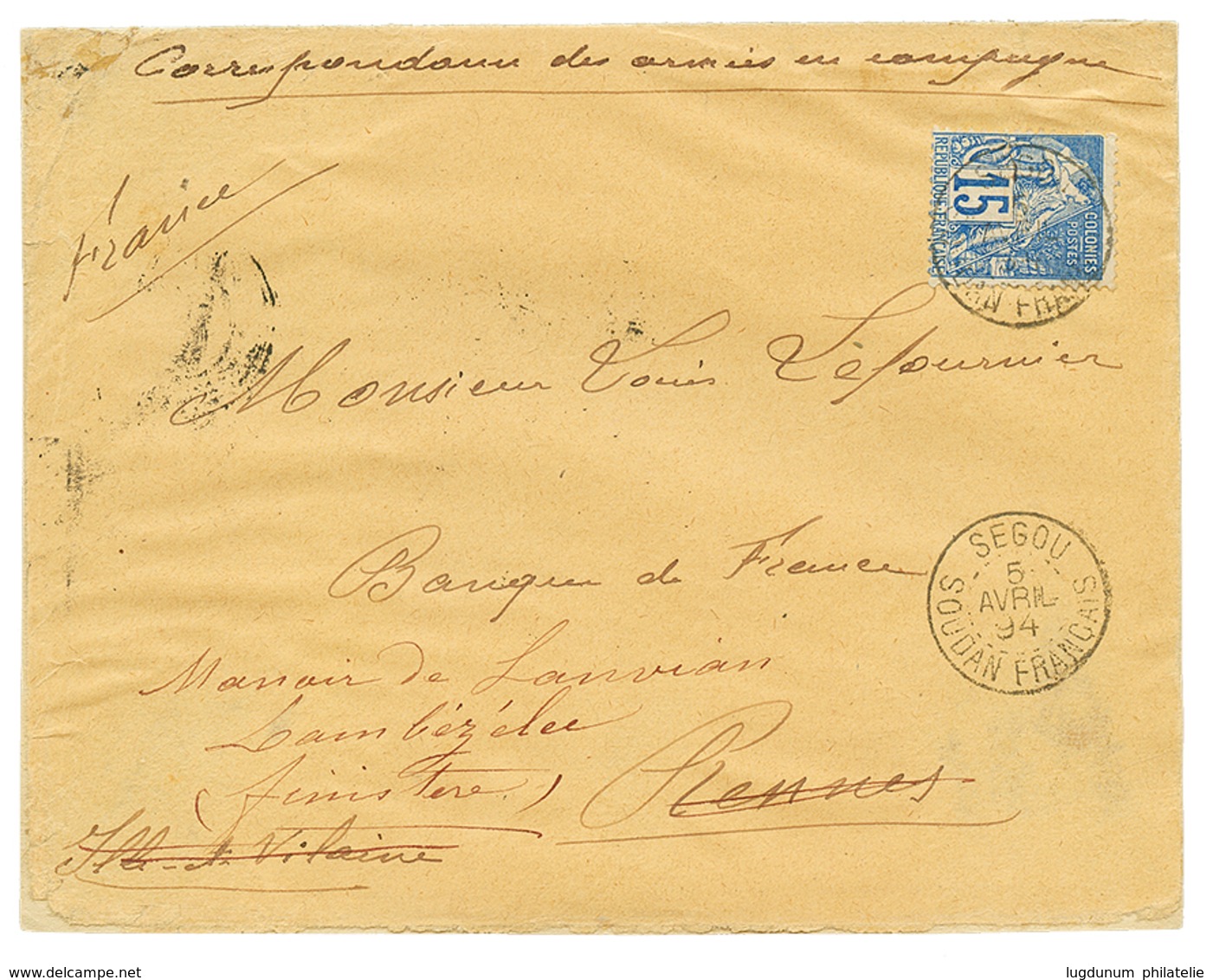 899 PRECURSEUR : 1894 CG 15c Obl. SEGOU SOUDAN FRANCAIS Sur DEVANT De Lettre Au Tarif Militaire Pour La FRANCE. Trés Rar - Sonstige & Ohne Zuordnung