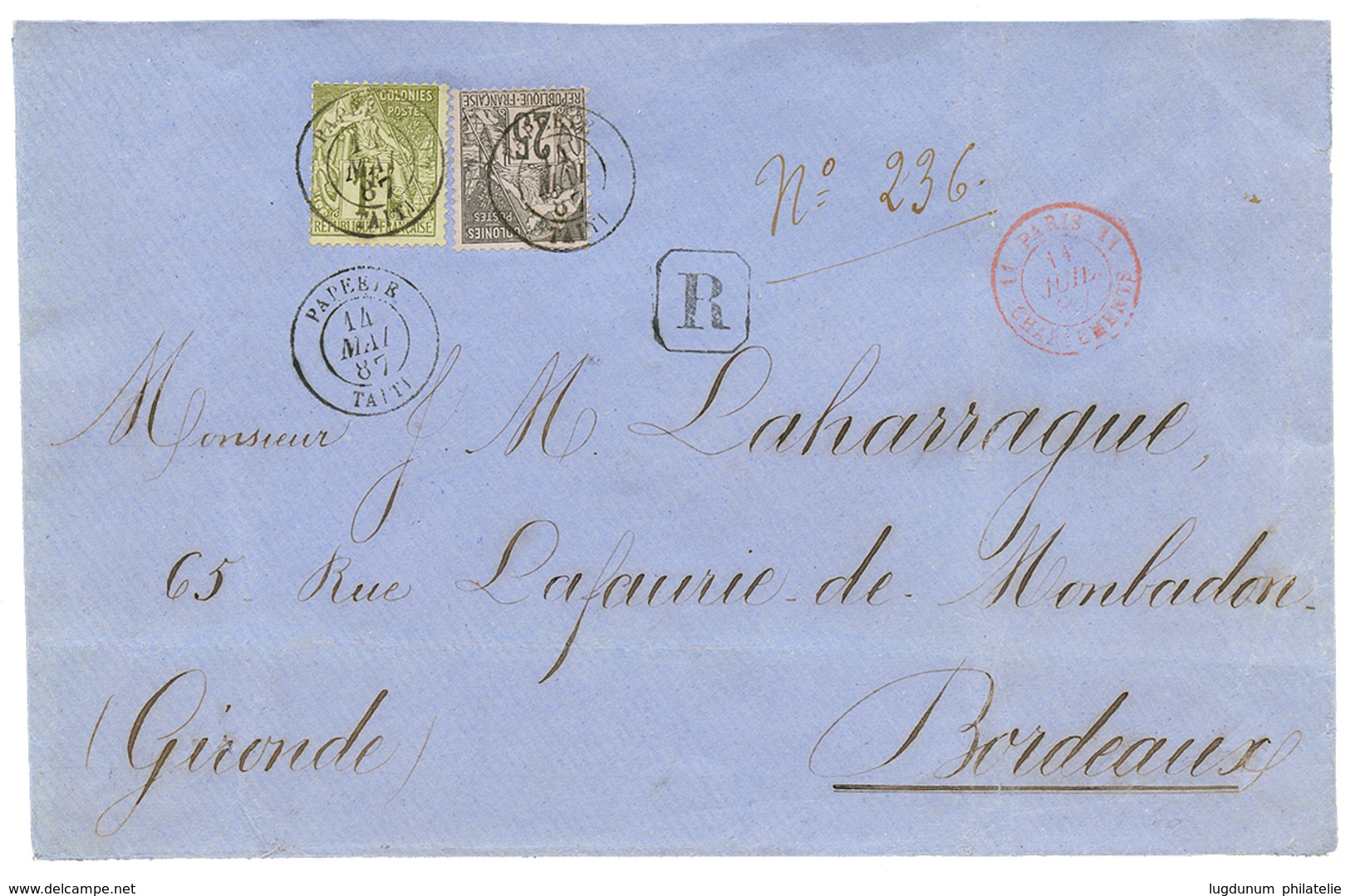 913 TAHITI : 1887 CG 25c + 1F Obl. PAPETE TAITI Sur Enveloppe RECOMMANDEE Pour La FRANCE. TTB. - Autres & Non Classés