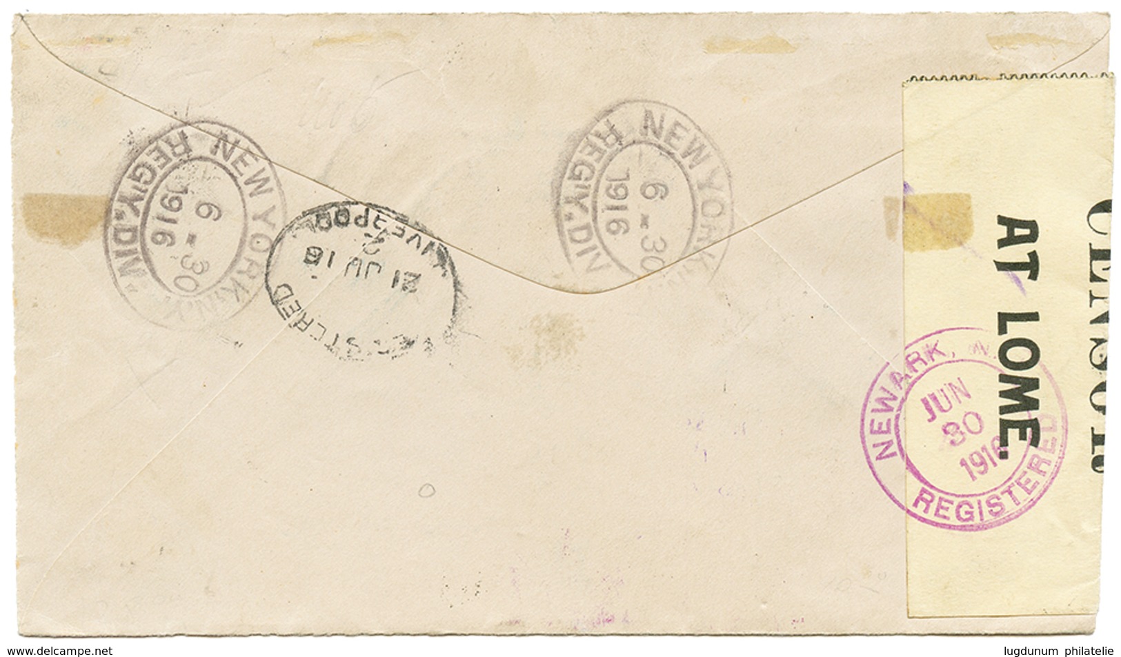 918 1916 ANGLO-FRENCH OCCUPATION 20 SHILLING Canc. LOME + CENSOR On Registered Cover To USA. Vvf. - Sonstige & Ohne Zuordnung