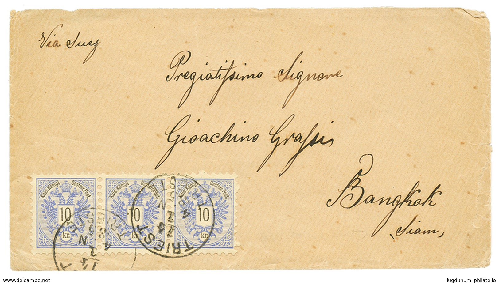 921 AUSTRIA To THAILAND : 1885 10k Strip Of 3 Canc. TRIEST On Envelope To BANGKOK (SIAM). Verso, Large Red Cds SINGAPORE - Autres & Non Classés