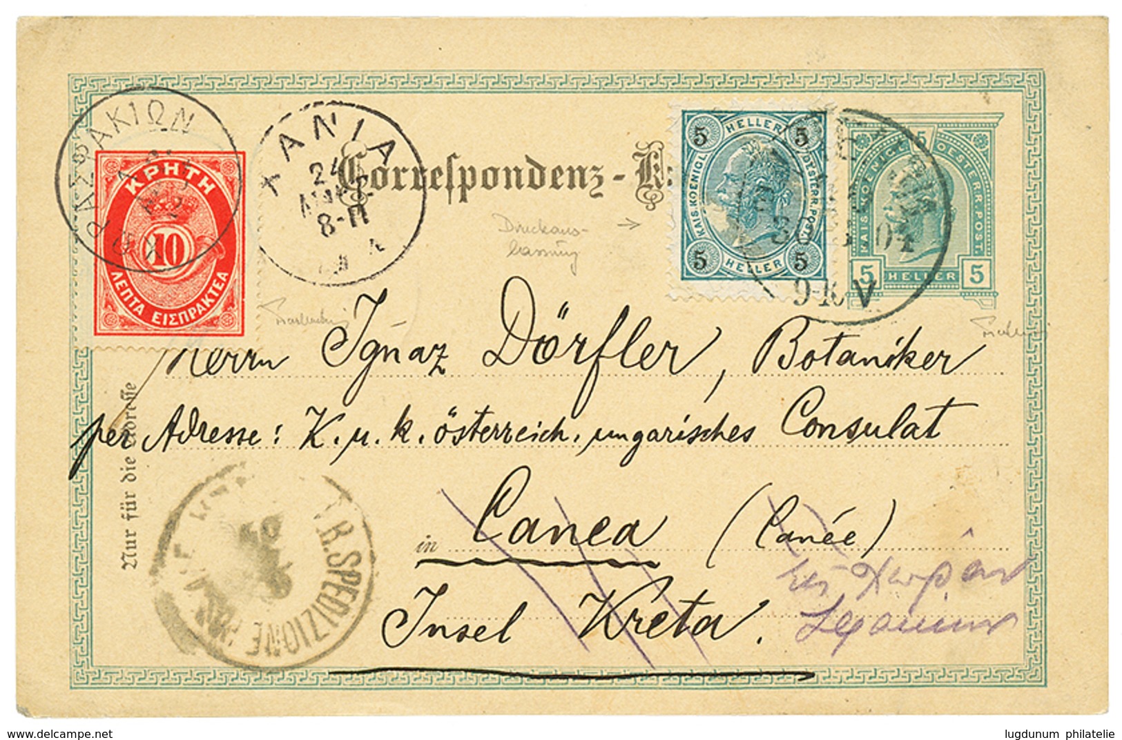 924 1904 AUSTRIA P./Stat 5h + 5h(with Variety Of Printing) To CANEA Taxed On Arrival With 10l CRETE POSTAGE DUE. SCARCE. - Sonstige & Ohne Zuordnung