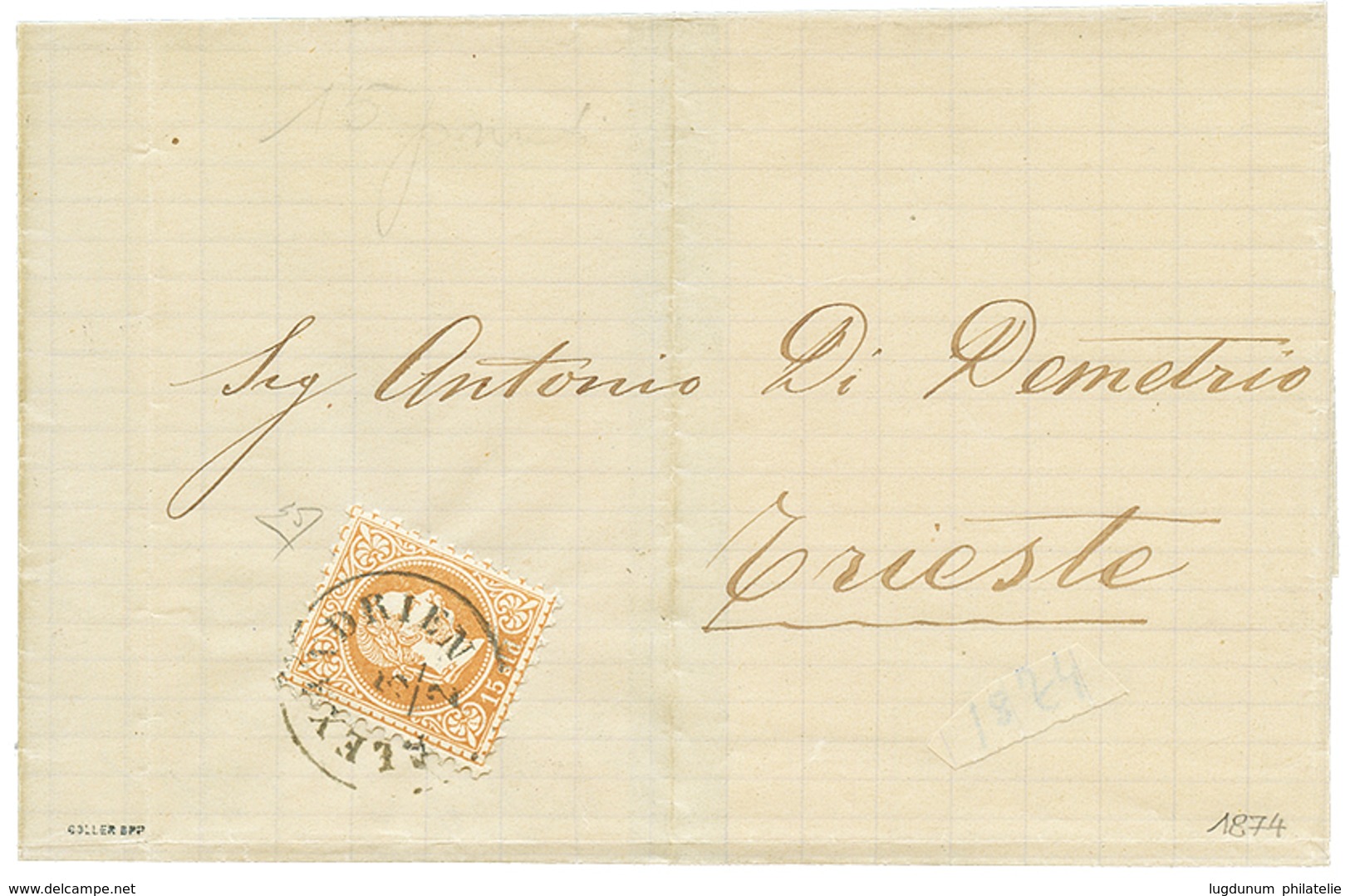 929 1874 15 SOLDI Canc. ALEXANDRIEN On Entire Letter To TRIESTE. Signed GOLLER. Vvf. - Levant Autrichien