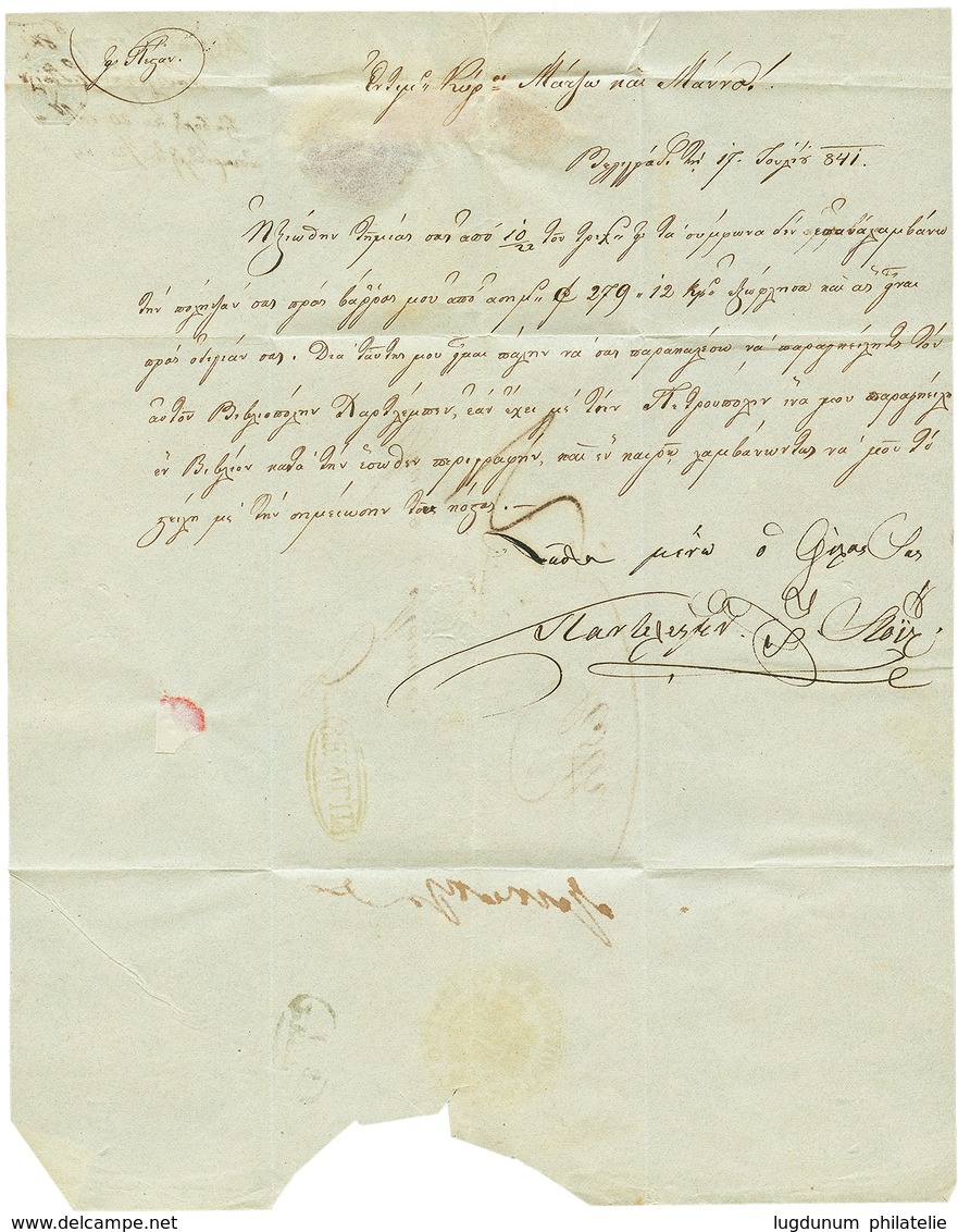 930 BELGRAD : 1841 Oval Cachet SEMLIN On Entire Letter From BELGRAD To PEST. Verso, Disinfected Wax Seal SEMUN + NETTO D - Levant Autrichien