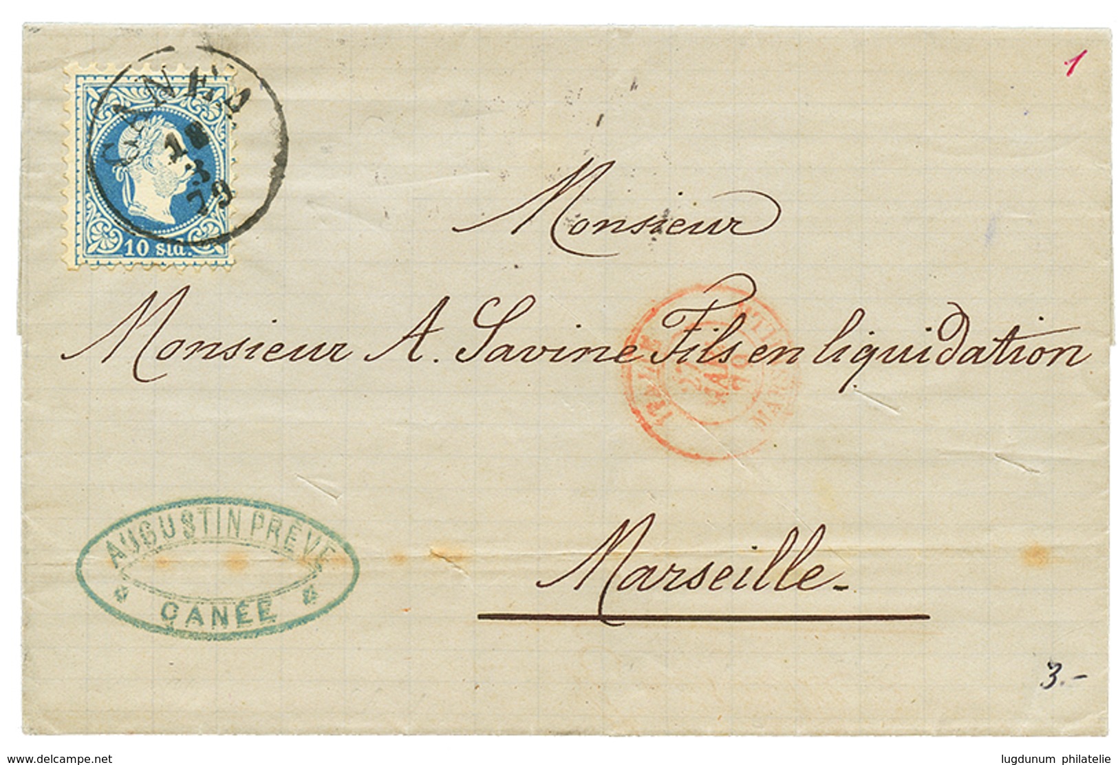 938 "CANEA" : 1879 10 Soldi Canc. CANEA On Entire Letter To FRANCE. Vvf. - Eastern Austria