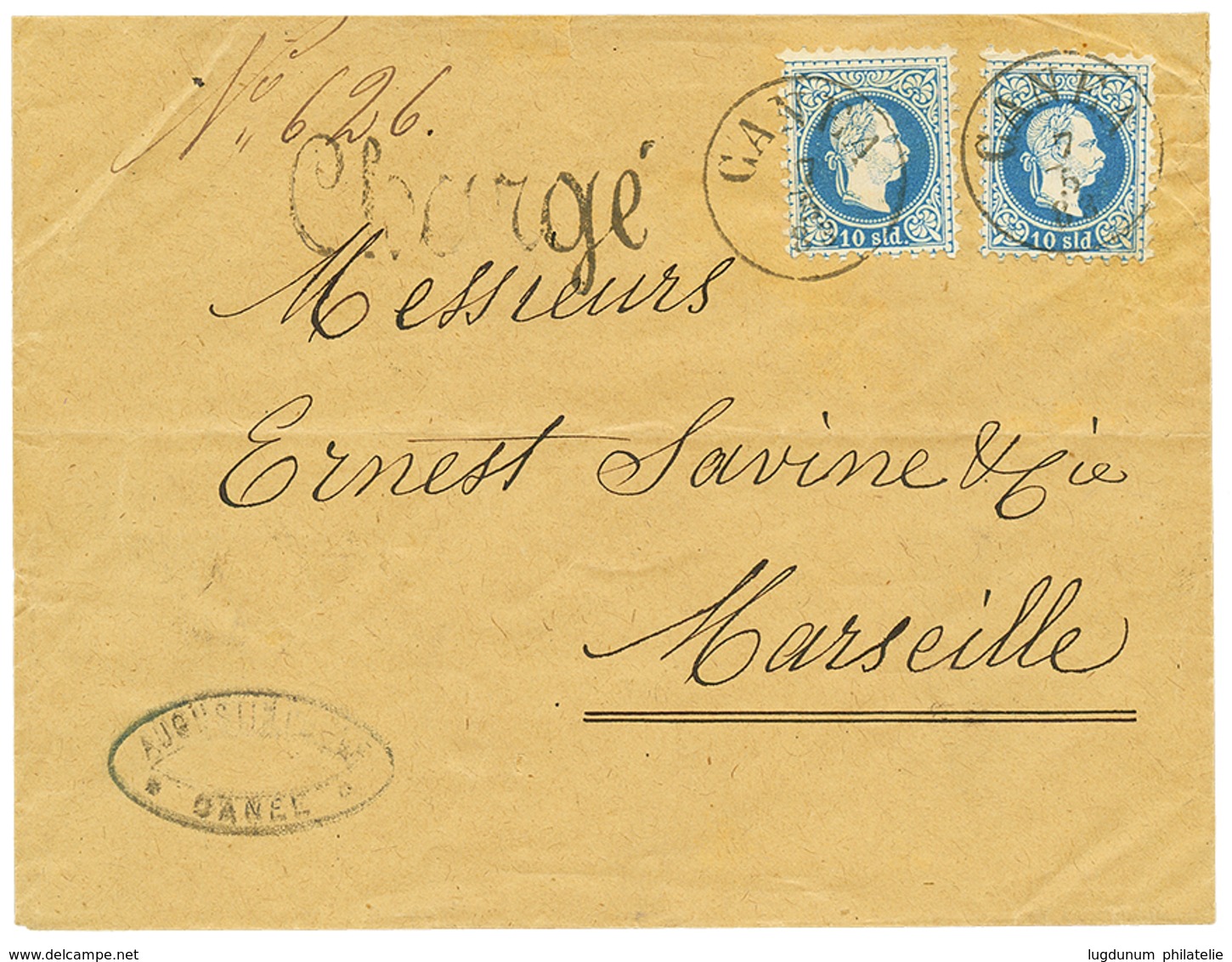 939 "CANEA + CHARGE" : 1883 10 Soldi(x2) Canc. CANEA + Cachet CHARGE On Envelope To FRANCE. RARE. Vf. - Eastern Austria