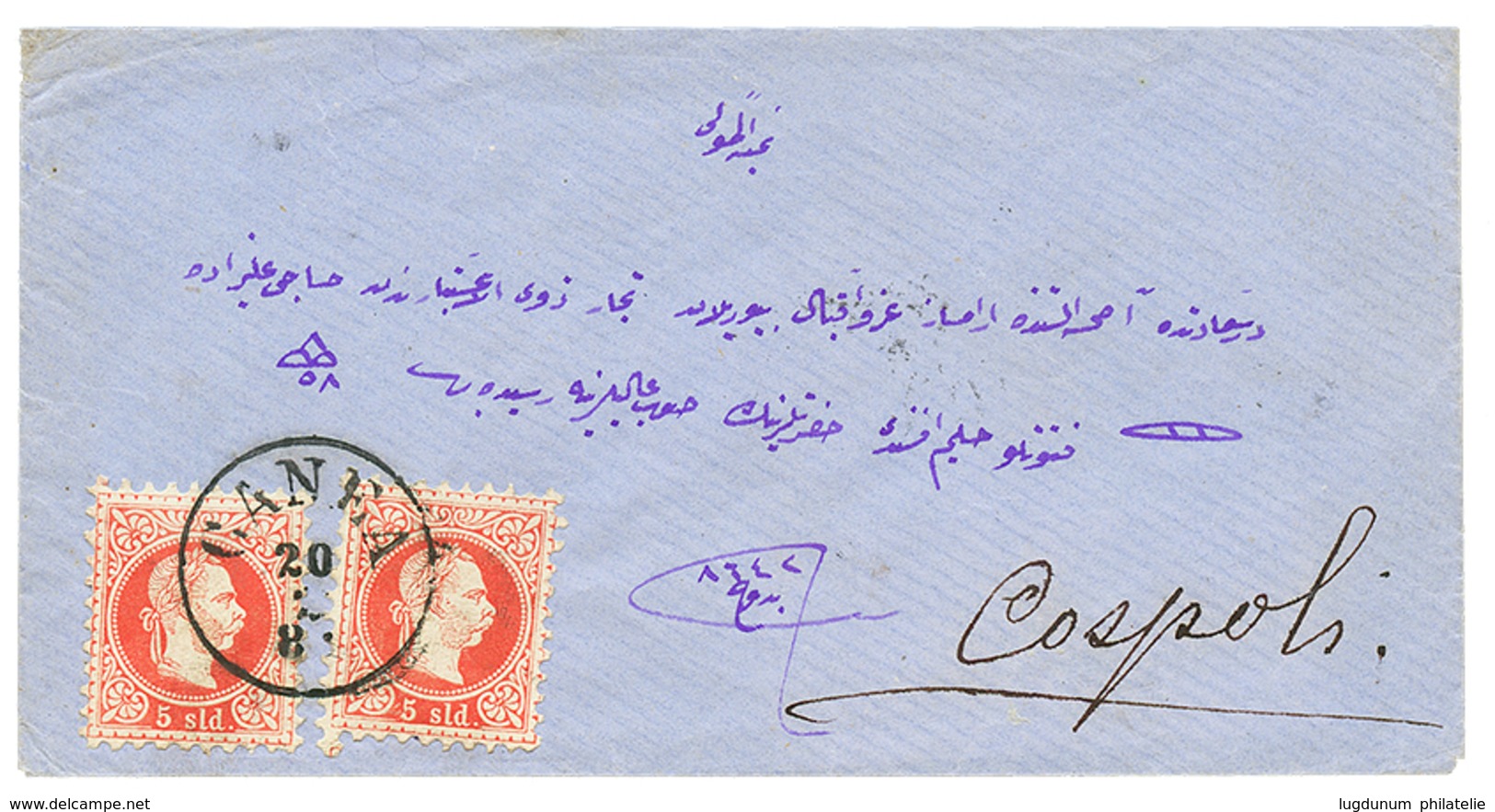 940 "CANEA" : 1882 5 Soldi(x2) Canc. CANEA On Envelope To CONSTANTINOPLE. Superb Quality. - Oostenrijkse Levant