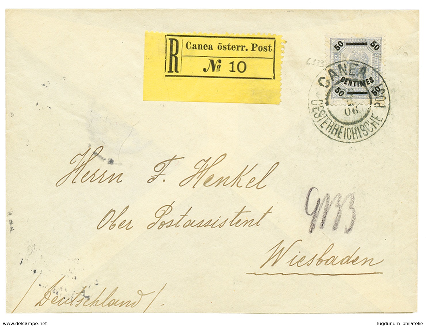 944 1906 50c Canc. CANEA On REGISTERED Envelope To WIESBADEN. Superb. - Oostenrijkse Levant