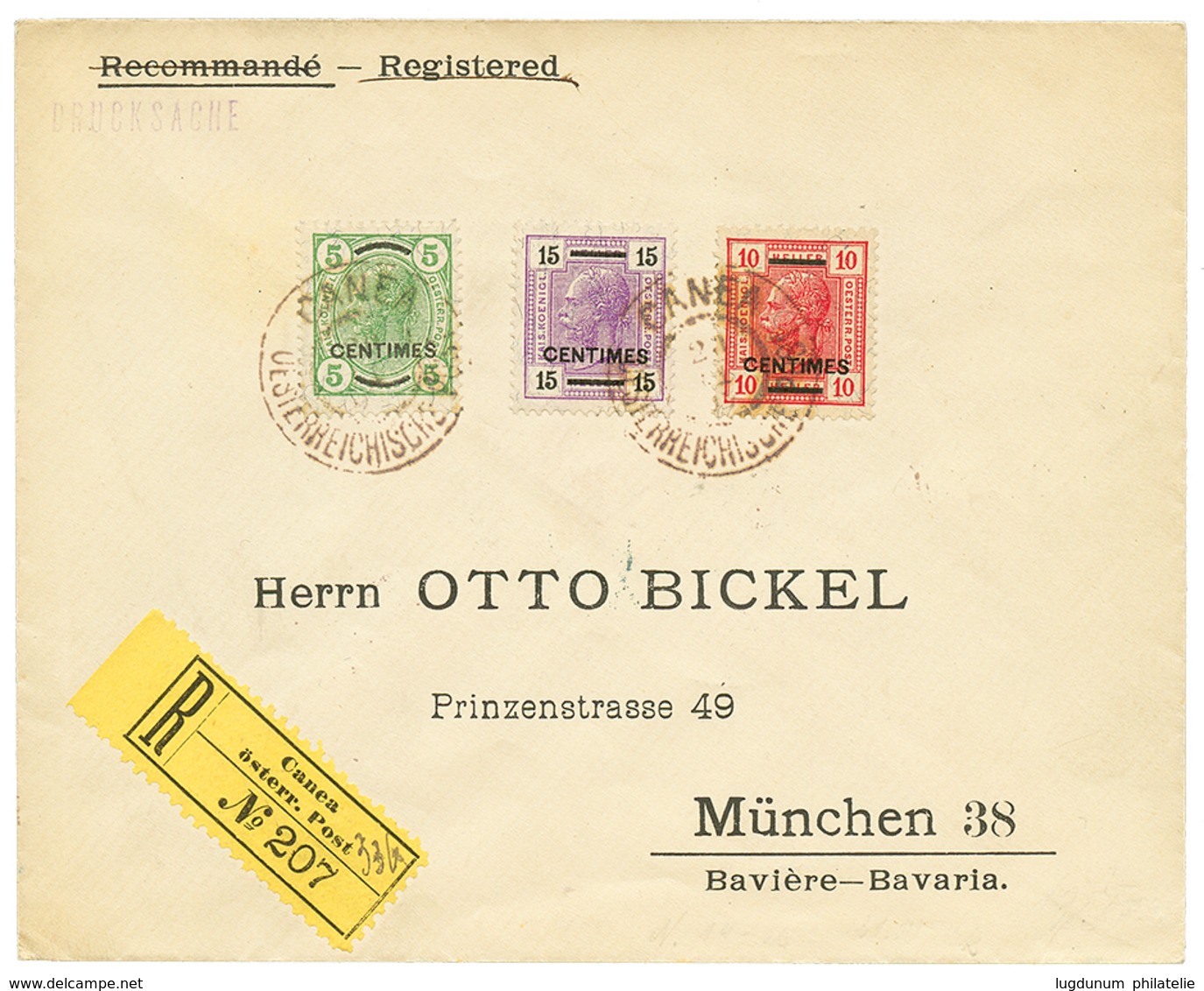 945 "CANEA" : 1907 5c + 10c + 15c Canc. CANEA On REGISTERED Envelope To BAVARIA. Superb. - Levante-Marken