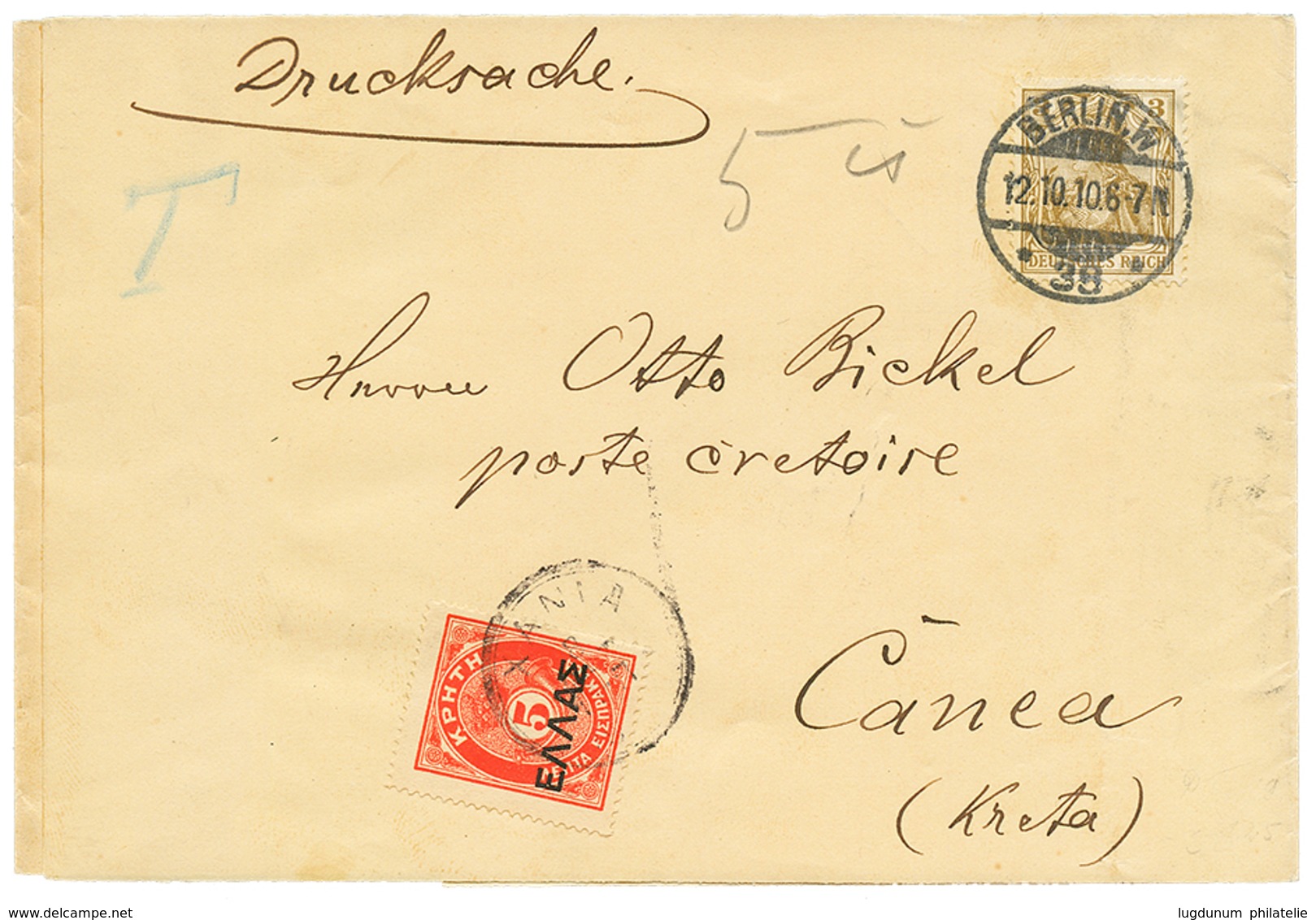 946 1910 GERMANIA 3pf Canc. BERLIN On Complete Wrapper (DRUCKSACHE) To CANEA Taxed On Arrival With CRETE 5l POSTAGE DUE  - Levante-Marken