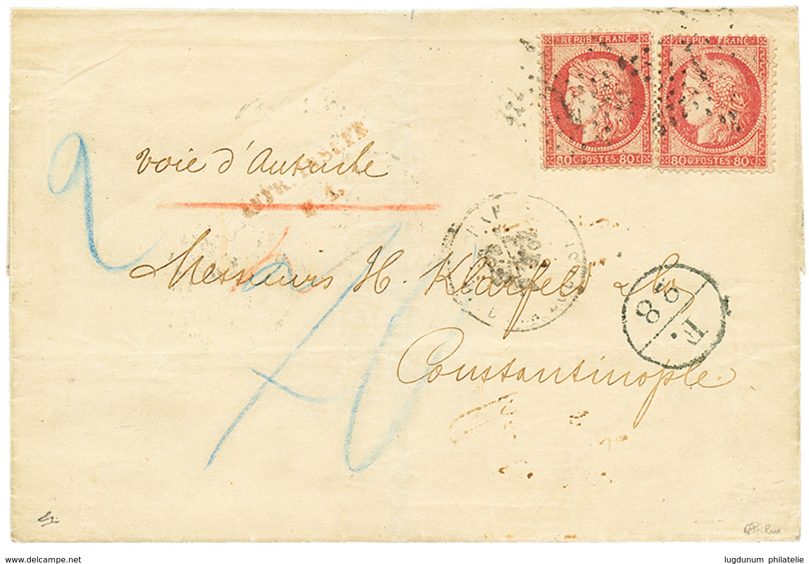 947 "CONSTANTINOPLE" : 1874 FRANCE 80c(x2) + Rare Exchange Marking F.28 + AFFR. INSUFF. In Red On Cover (double Rate) To - Oostenrijkse Levant