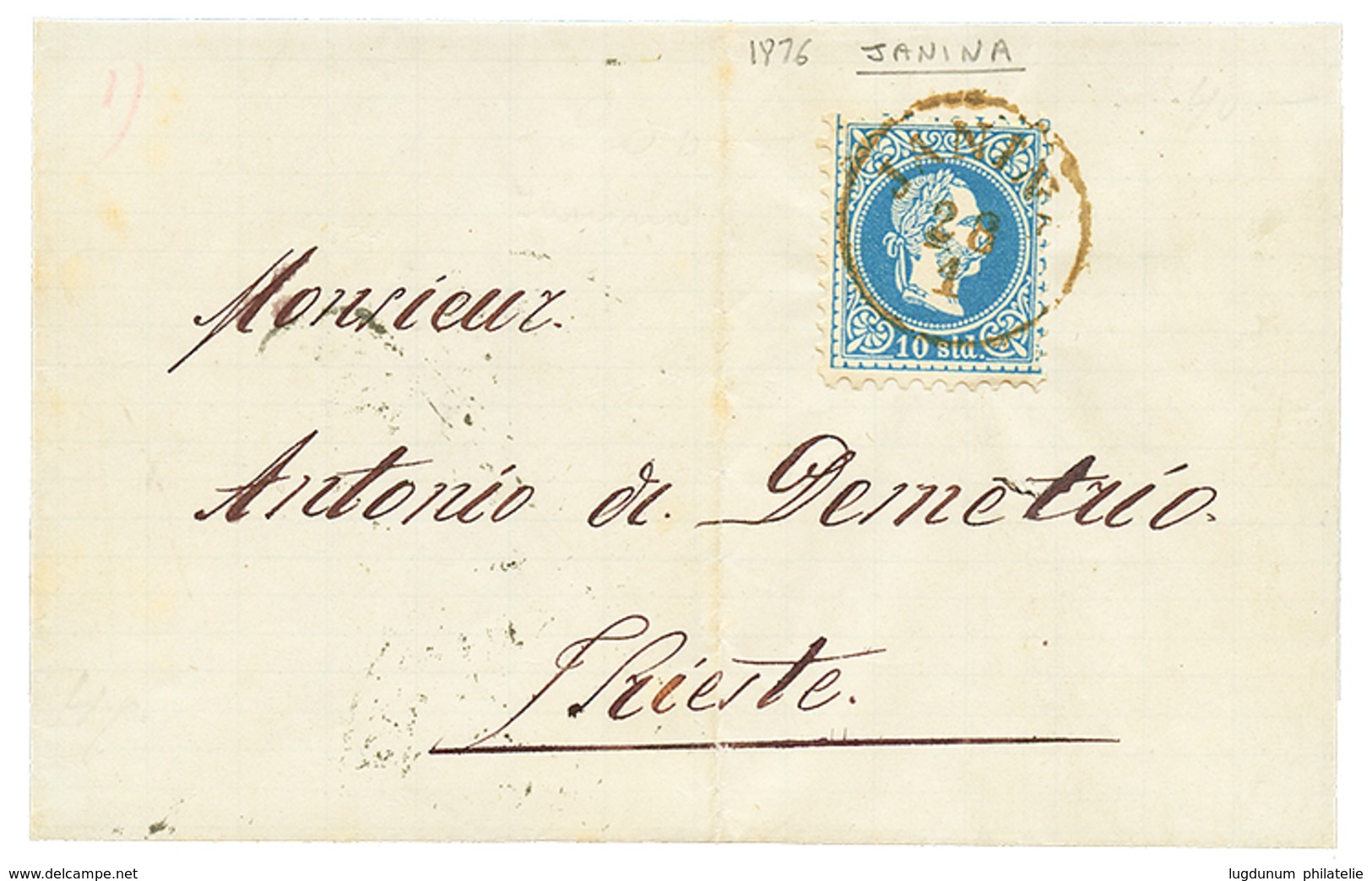 952 "JANINA" : 1876 10s Canc. JANINA On Entire Letter To TRIESTE. Vf. - Levant Autrichien