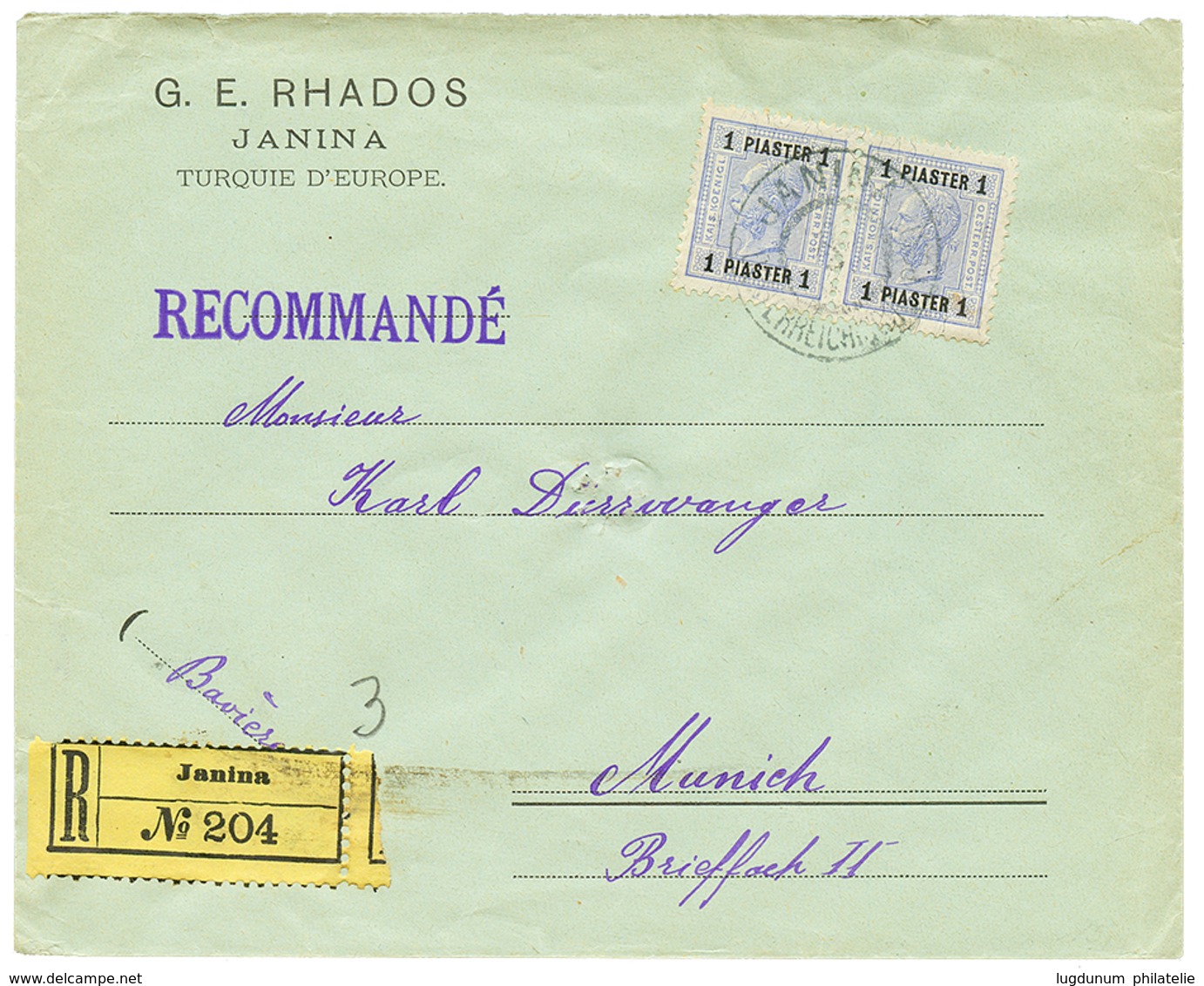 954 "JANINA" : 1907 1P(x2) Canc. JANINA On REGISTERED Envelope To GERMANY. Vvf. - Oostenrijkse Levant