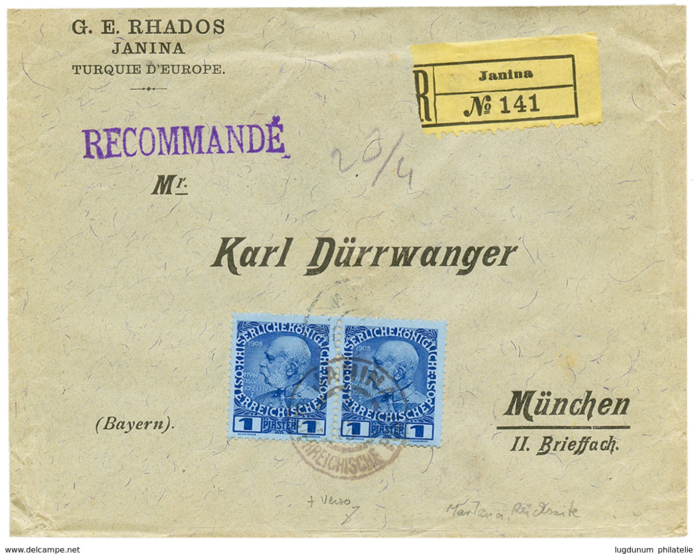 955 "JANINA" : 1910 1P(x2) + Verso10p(x3) Canc. JANINA On REGISTERED Envelope To GERMANY. Vf. - Levante-Marken