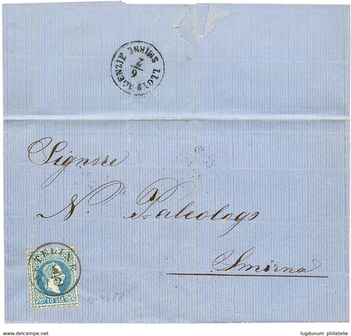 958 "METELINO" : 1875 10 Soldi Canc. METELINO On Entire Letter To SMYRNA. Verso, LLOYD SMIRNE. Vvf. - Levant Autrichien