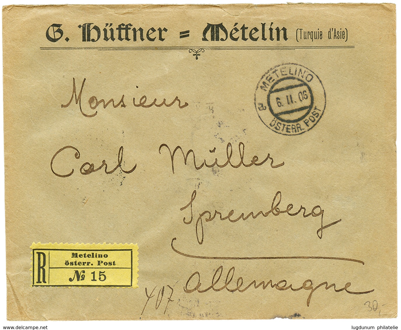 961 "METELINO" : 1906 20p Block Of 4 Canc. METELINO On Reverse Of REGISTERED Envelope To GERMANY. Vf. - Eastern Austria