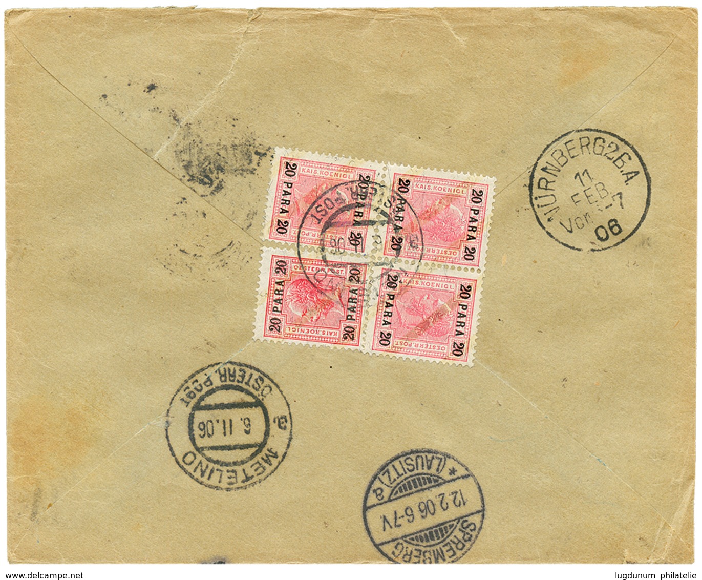 961 "METELINO" : 1906 20p Block Of 4 Canc. METELINO On Reverse Of REGISTERED Envelope To GERMANY. Vf. - Levant Autrichien