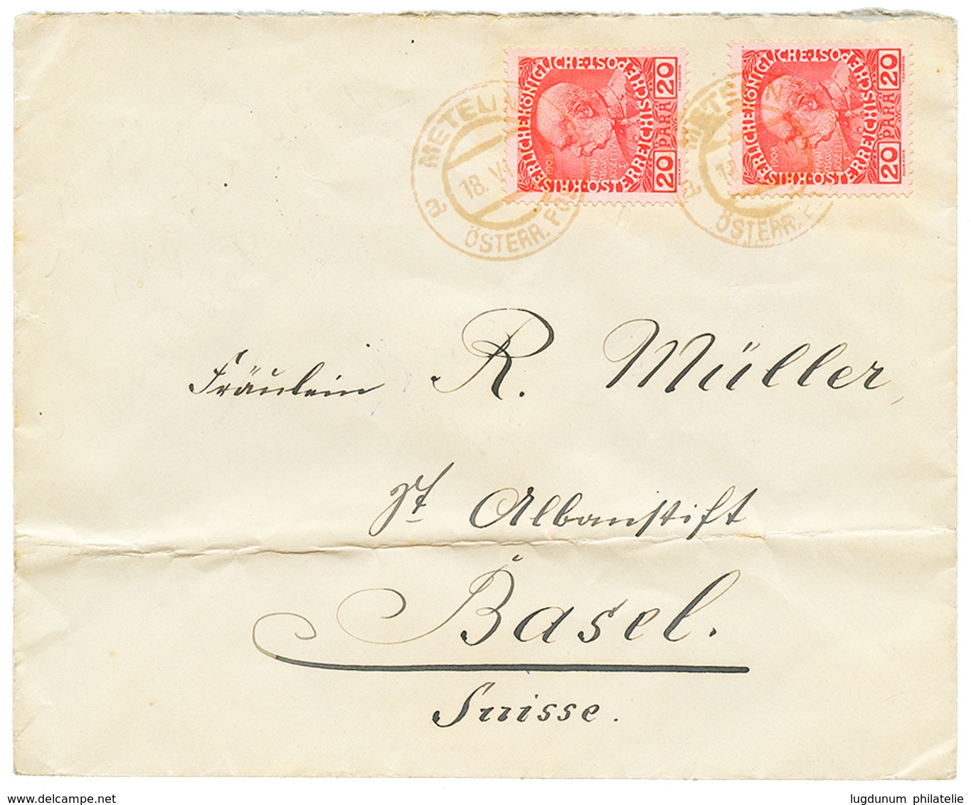 962 "METELINO" : 1910 20p(x2)canc. METELINO On Envelope(crease) To SWITZERLAND. Vvf. - Levante-Marken