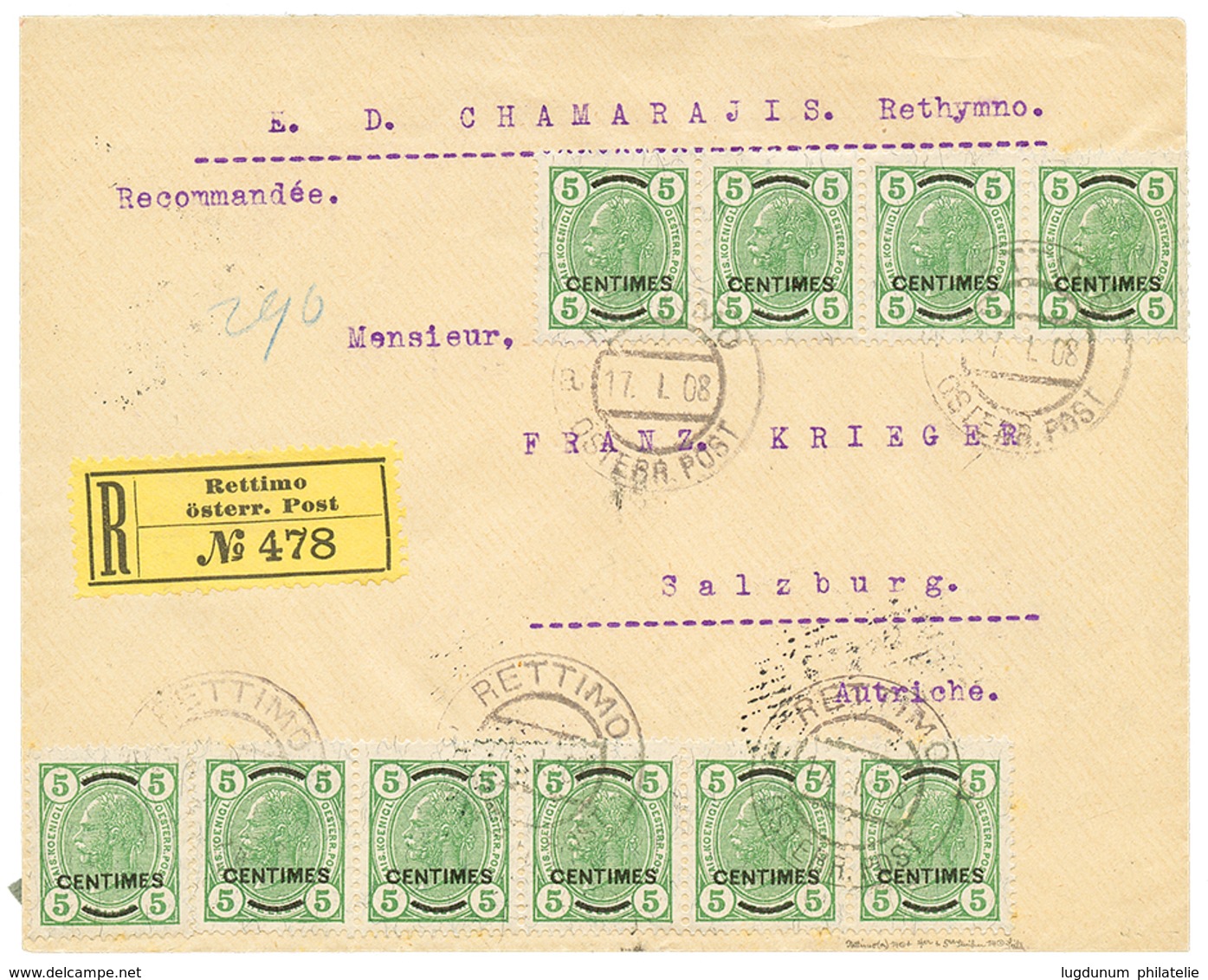970 "RETTIMO" : 1908 5c(x10) Canc. RETTIMO On REGISTERED Envelope To AUSTRIA. Superb. - Levante-Marken