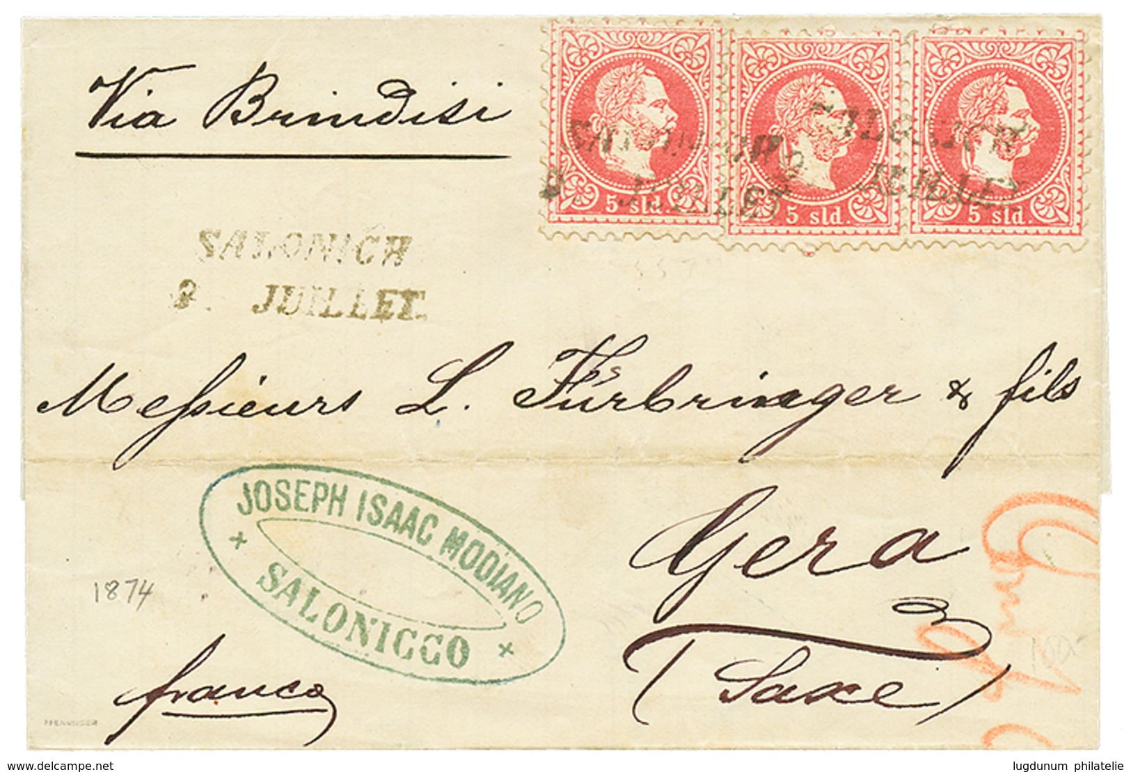 974 1874 5 Soldi(x3) Canc. SALONICH On Cover To GERMANY. Signed PFENNINGER. Superb. - Eastern Austria