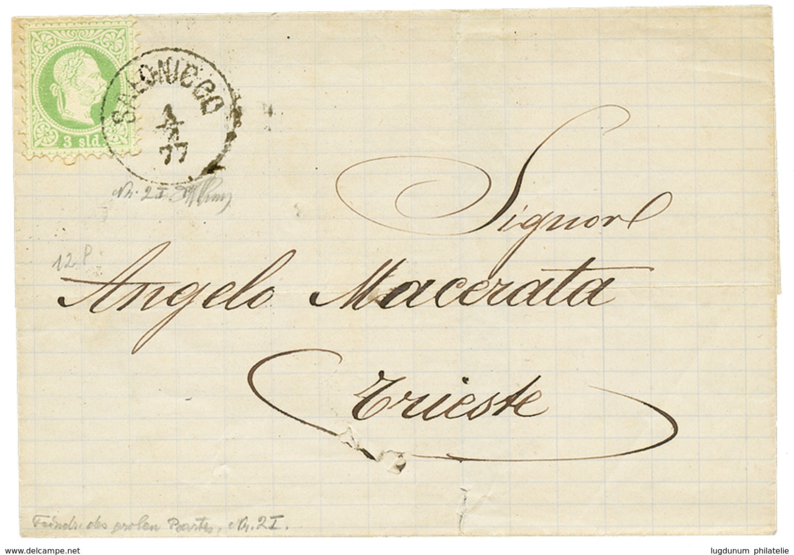 975 1877 3 Soldi(n°2I) Canc. SALONICCO On Cover To TRIESTE. Rare Printed-matter Rate. Superb. - Eastern Austria
