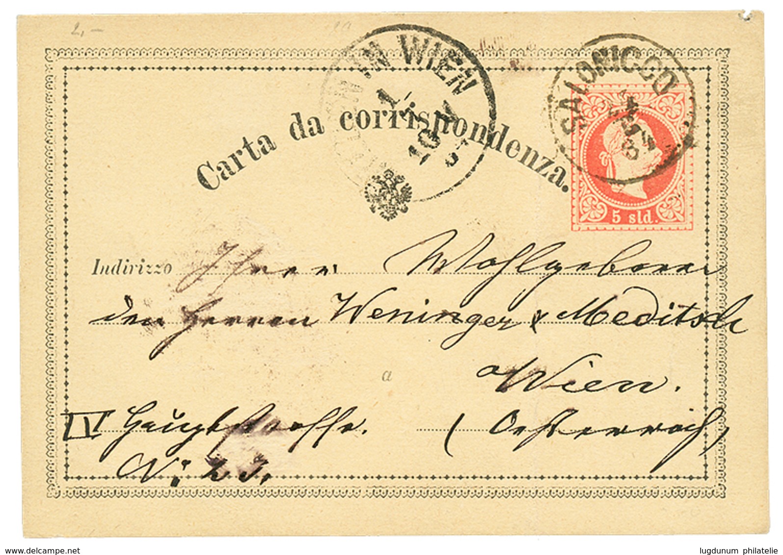 978 1884 P./Stat 5 SOLDI Canc. SALONICCO To WIEN. Vf. - Eastern Austria