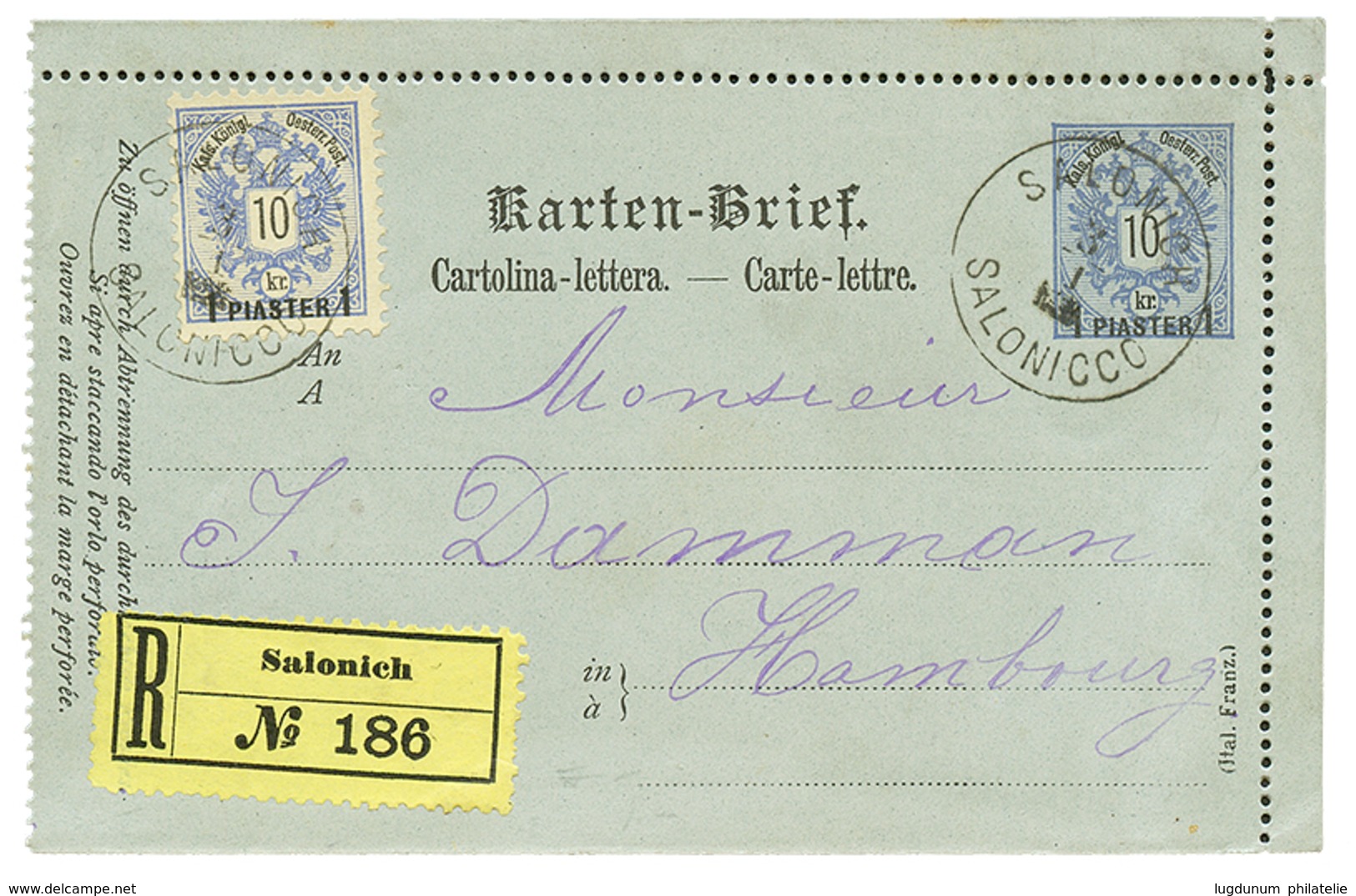 979 1890 P./Stat 1P + 1P Canc. SALONICH SALONICCO, Sent REGISTERED To HAMBURG. Vvf. - Oostenrijkse Levant