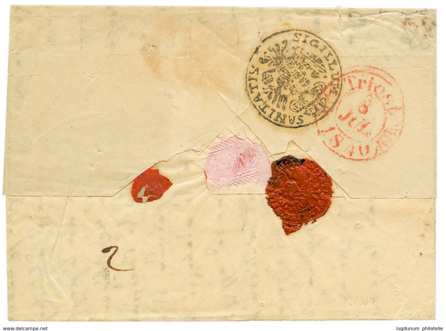 988 "SERRES" : 1840 SERRES (rare First Type) On DISINFECTED Entire Letter To TRIESTE. Verso, DISINFECTED Wax Seal + SIGI - Levante-Marken