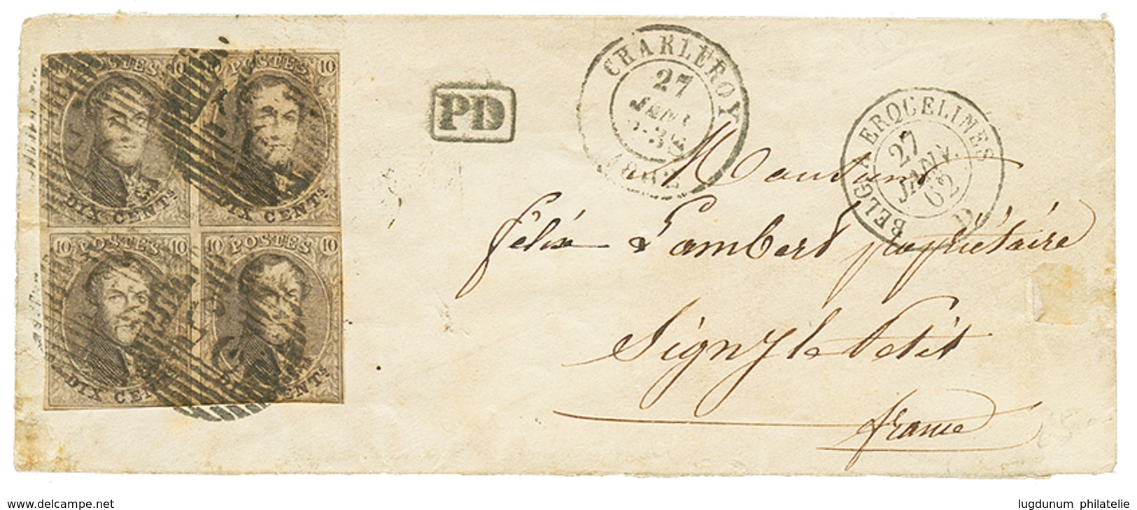 996 1862 10c Bloc De 4 Just Touched At Base Canc. 25 àn Envelope From CHARLEROY To FRANCE. Scarce. Vvf. - Autres & Non Classés