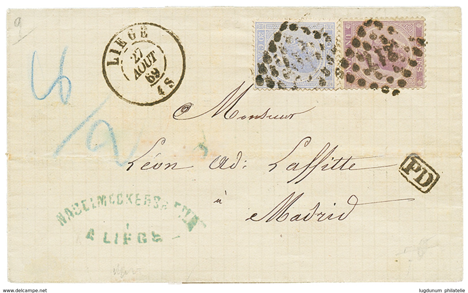998 1869 1F Mauve + 20c Blue Canc. 217 + LIEGE On Cover To MADRID (SPAIN). Vvf. - Sonstige & Ohne Zuordnung