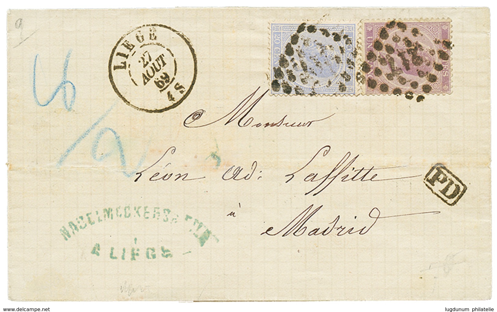 998 1869 1F Mauve + 20c Blue Canc. 217 + LIEGE On Cover To MADRID (SPAIN). Vvf. - Autres & Non Classés