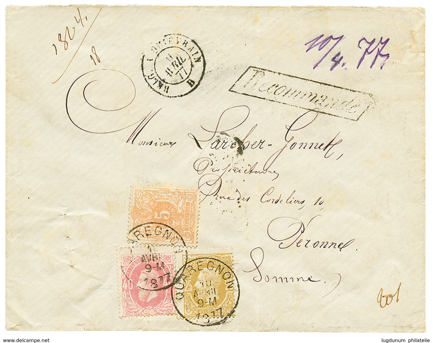 1001 1877 5c + 25c + 40c Canc. QUAREGNON + RECOMMANDE On Envelope To FRANCE. Nice 3 Colour Franking. Vf. - Autres & Non Classés