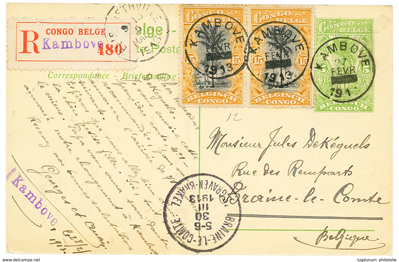 1005 1913 CONGO P./Stat 5c + 15c(x2) Sent REGISTERED From KAMBOVE To BELGIUM. Vvf. - Sonstige & Ohne Zuordnung