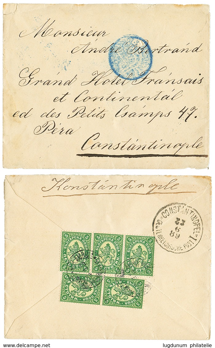 1008 BULGARIA : 1889 2 Covers To CONSTANTINOPLE With 25c + Blue Negativ Cachet (scarce) And 5c(x5) Canc. BUR. AMBULANT T - Other & Unclassified