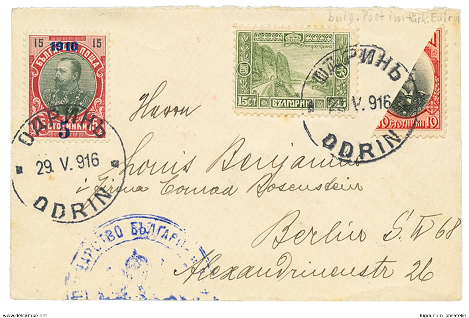 1009 1916 BULGARIA Bisect 10c + 15c+ 5 On 15c Canc. ADRIN On Envelope (CENSOR Label On Reverse) To BERLIN. Vvf. - Other & Unclassified