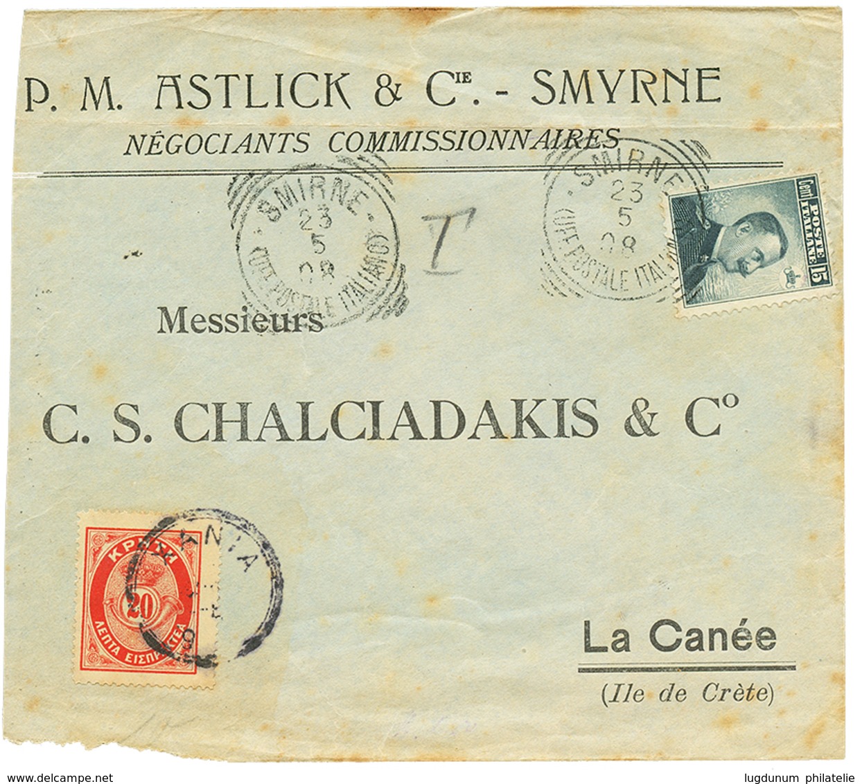 1011 1908 ITALY 15c Canc. SMIRNE On Envelope(fault) To LA CANEE Taxed With CRETE 20l POSTAGE DUE. Vf. - Crete