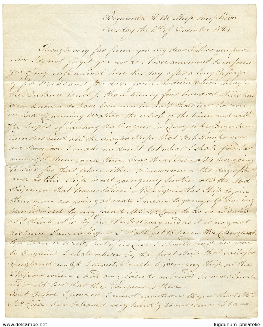 1013 BERMUDA - H.M.S AMPHION To GUERNESEY : 1814 SHIP LETTER PORTSMOUTH On Entire Letter Datelined "BERMUDA, H.M.S AMPHI - Other & Unclassified