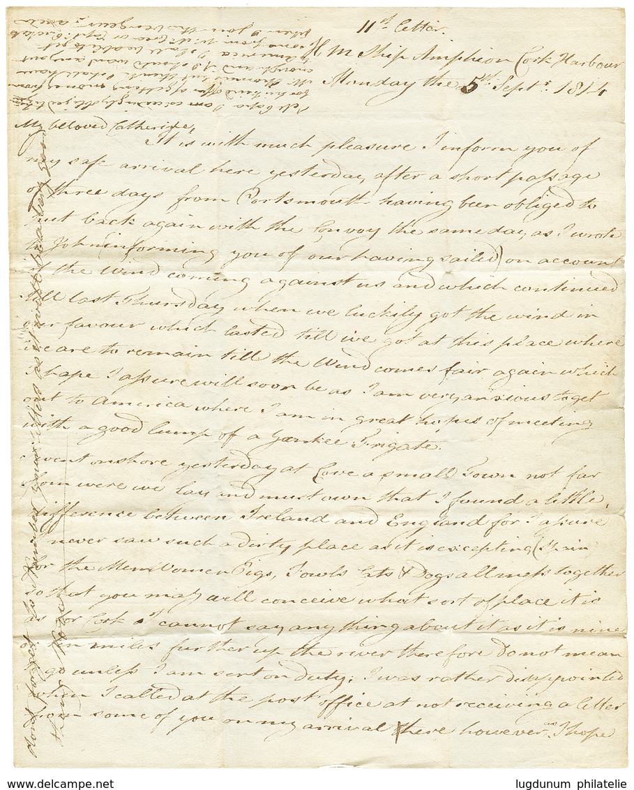 1015 1814 COVE On Entire Letter From "H.M.S Ship AMPHION, CORK Harbour" To GUERNESEY. Vf. - Autres & Non Classés