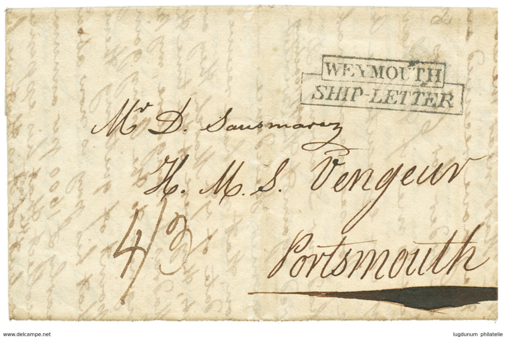 1017 1816 WEYMOUTH/SHIP LETTER On Entire Letter From GUERNESEY To "H.M.S VENGEUR", PORTSMOUTH. Superb. - Autres & Non Classés